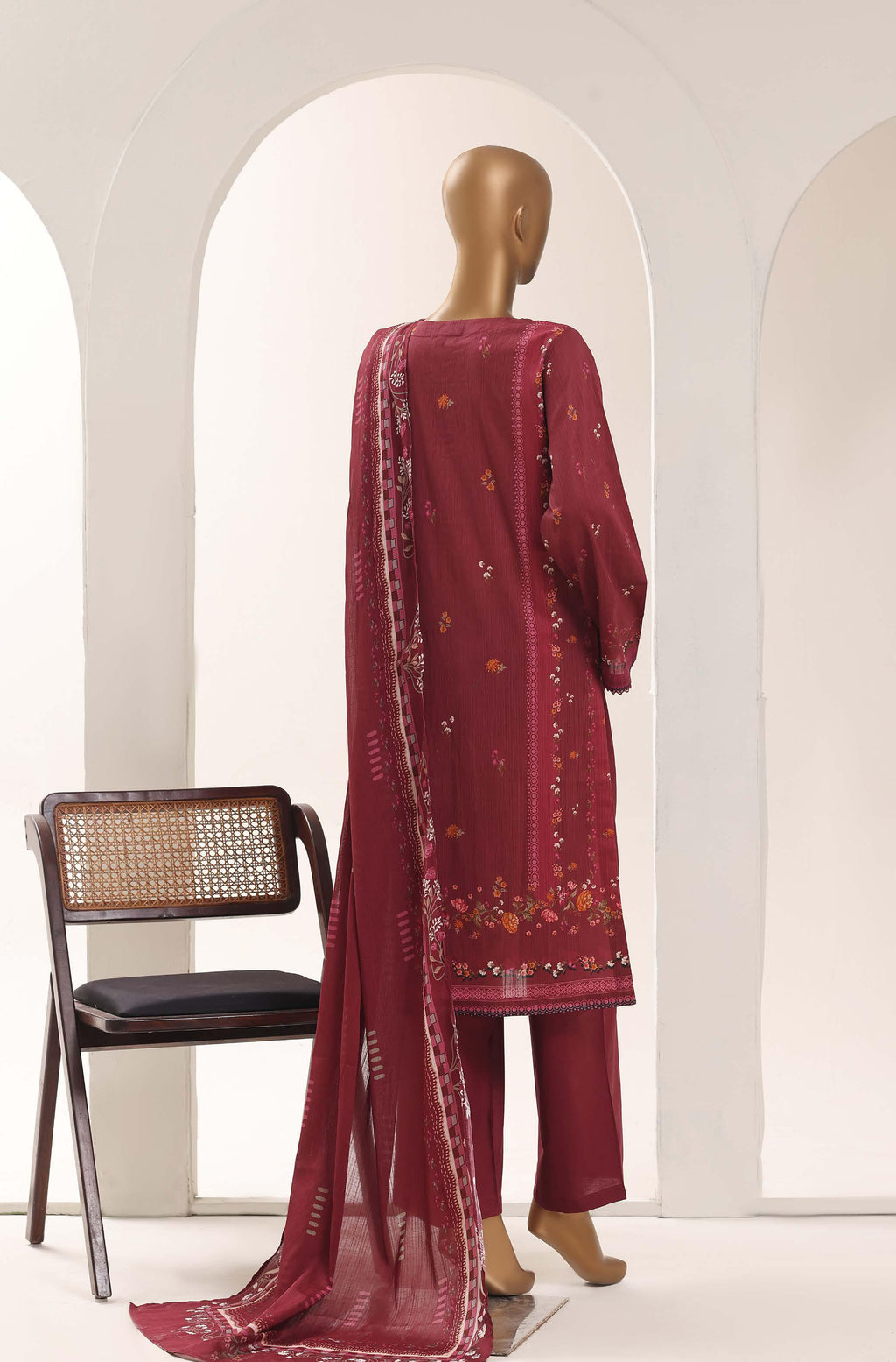 SADABAHAR Printed Lawn 3 Piece Ready-to-Wear Pakistani Suit – Burgundy
