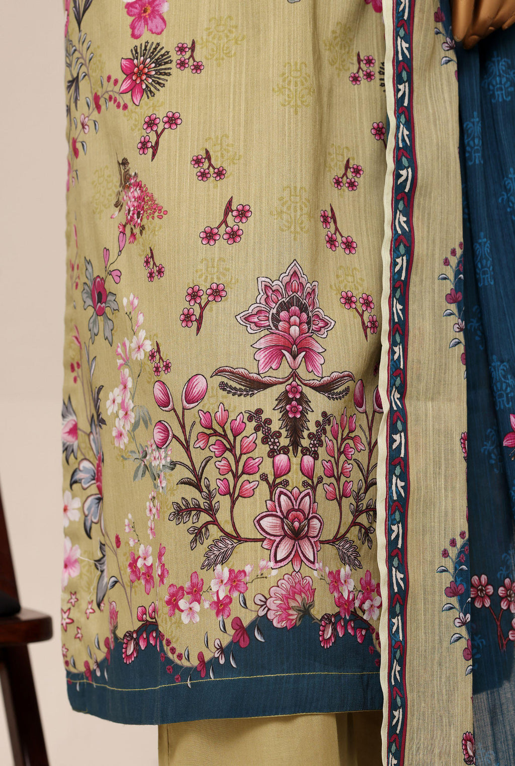 Sadabahar Printed Pret 3-Piece Stitched Lawn Suit with Indigo Dupatta - Olive Khaki