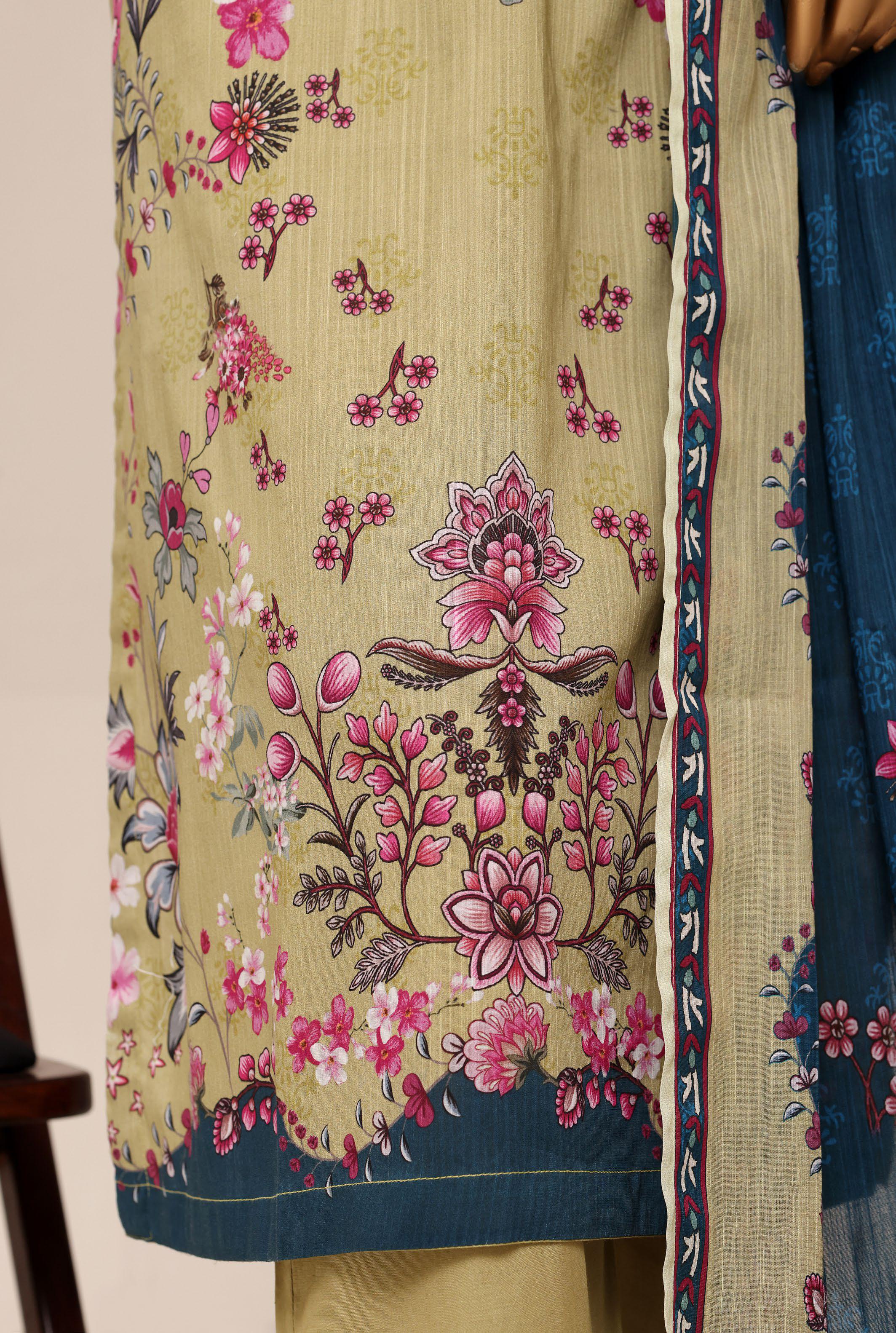 Sadabahar Printed Pret 3-Piece Stitched Lawn Suit with Indigo Dupatta - Olive Khaki