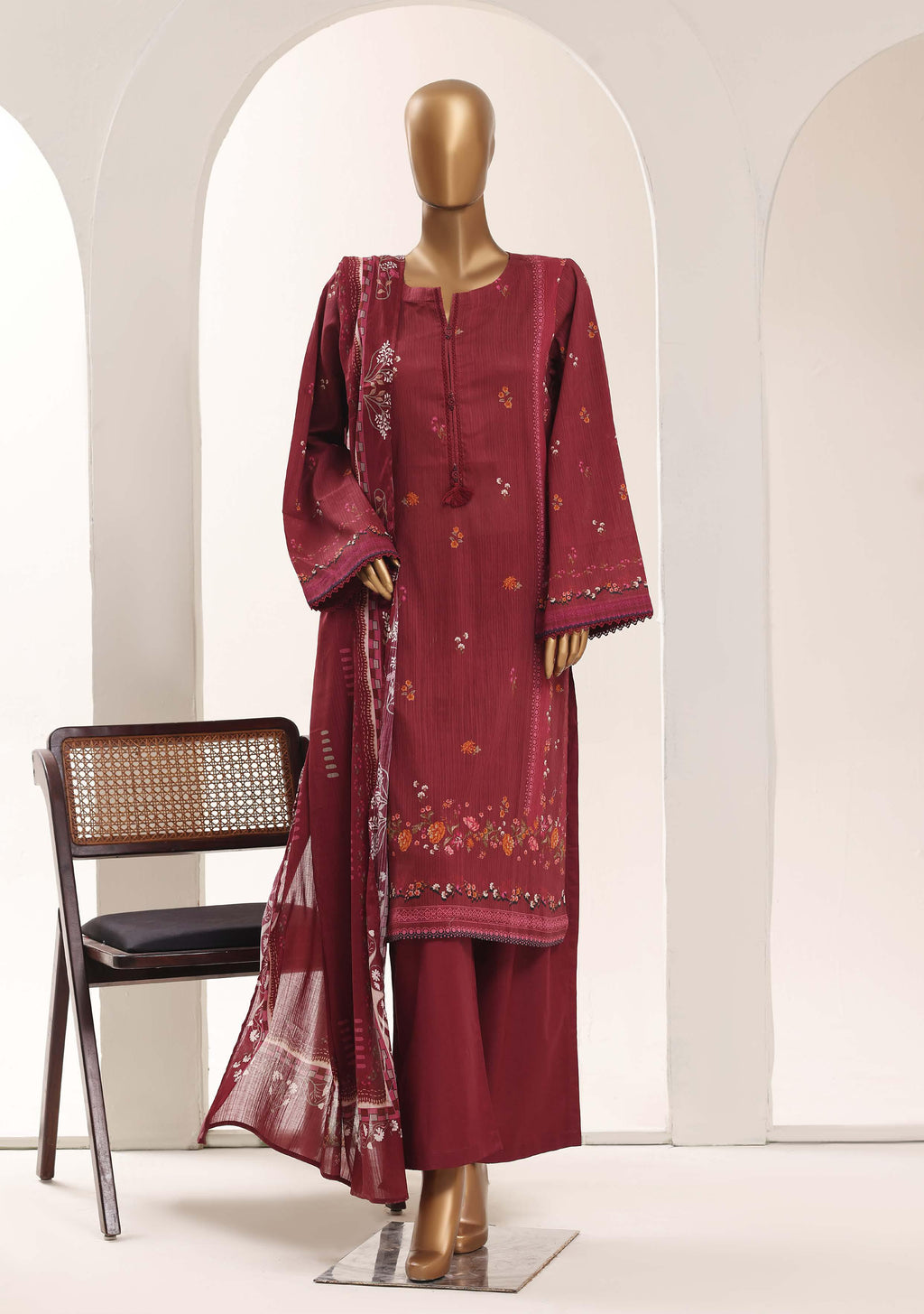 SADABAHAR Printed Lawn 3 Piece Ready-to-Wear Pakistani Suit – Burgundy