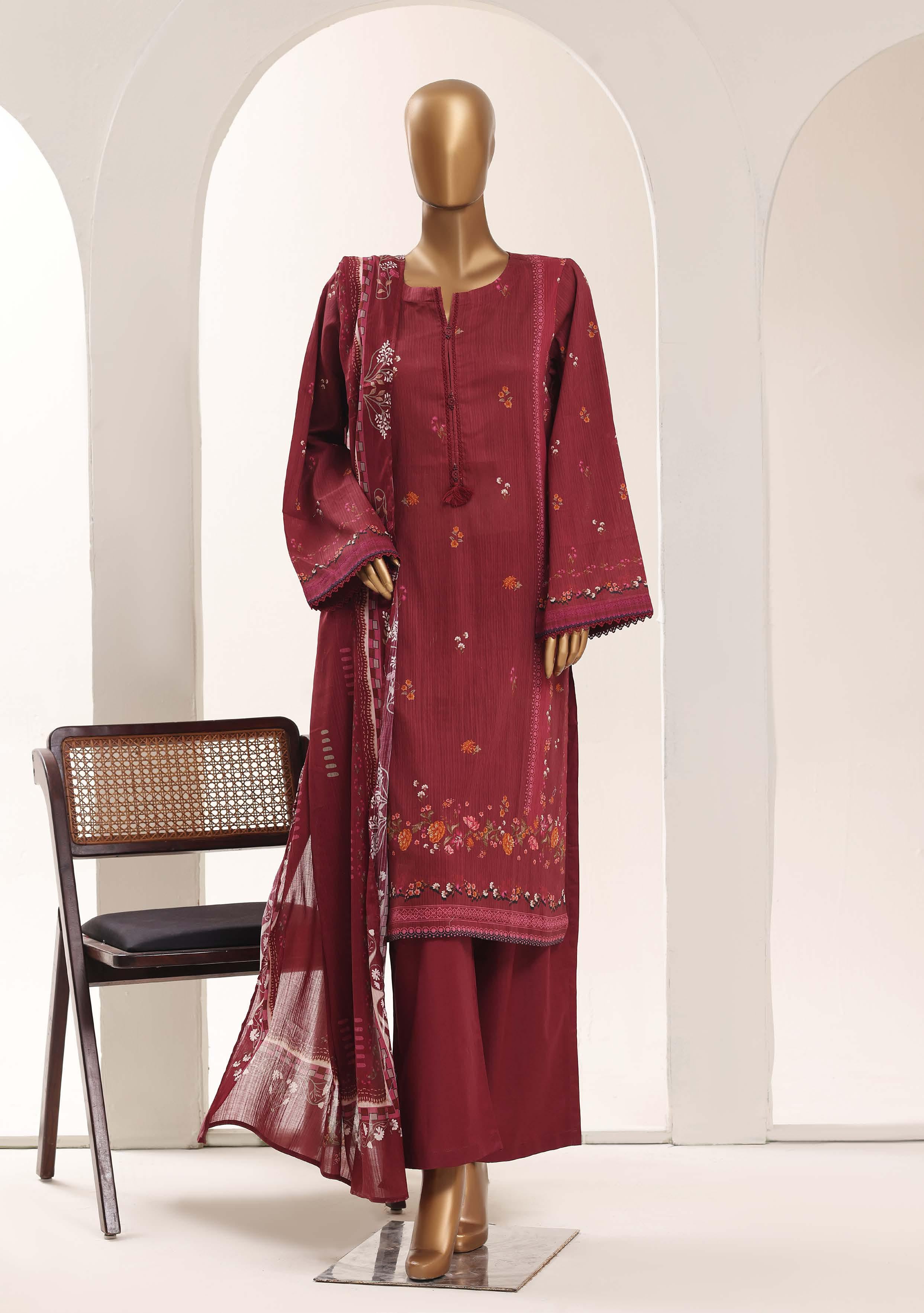 SADABAHAR Printed Lawn 3 Piece Ready-to-Wear Pakistani Suit – Burgundy