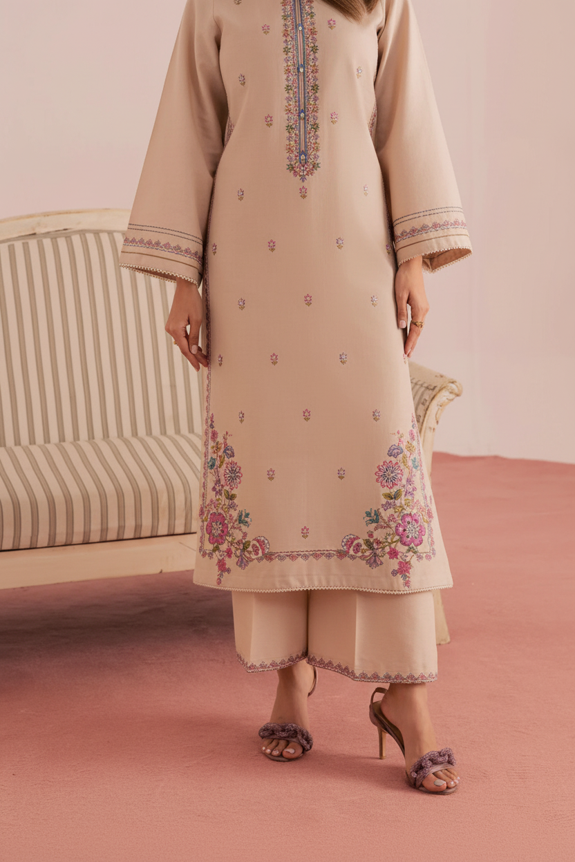 Gulposh by Misbah Premium Embroidered 2-Piece Stitched Suit in Sand Beige