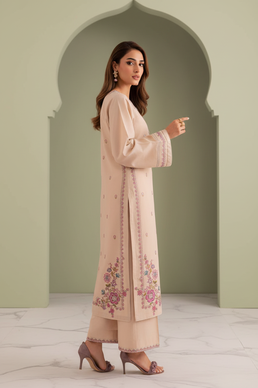 Gulposh by Misbah Premium Embroidered 2-Piece Stitched Suit in Sand Beige