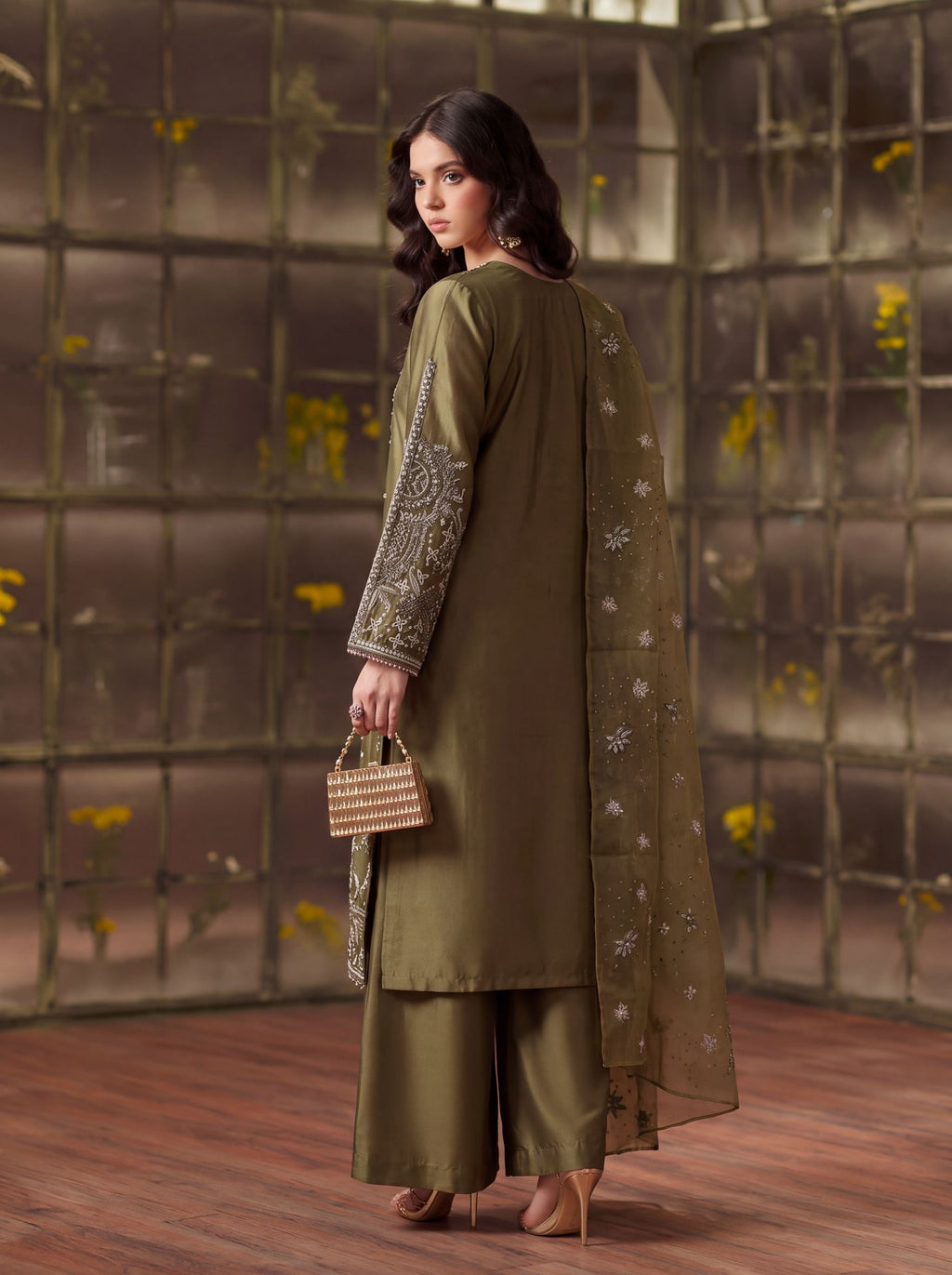Zeenat Pret Silk Embroidered Stitched 3-Piece Suit - Olive Green