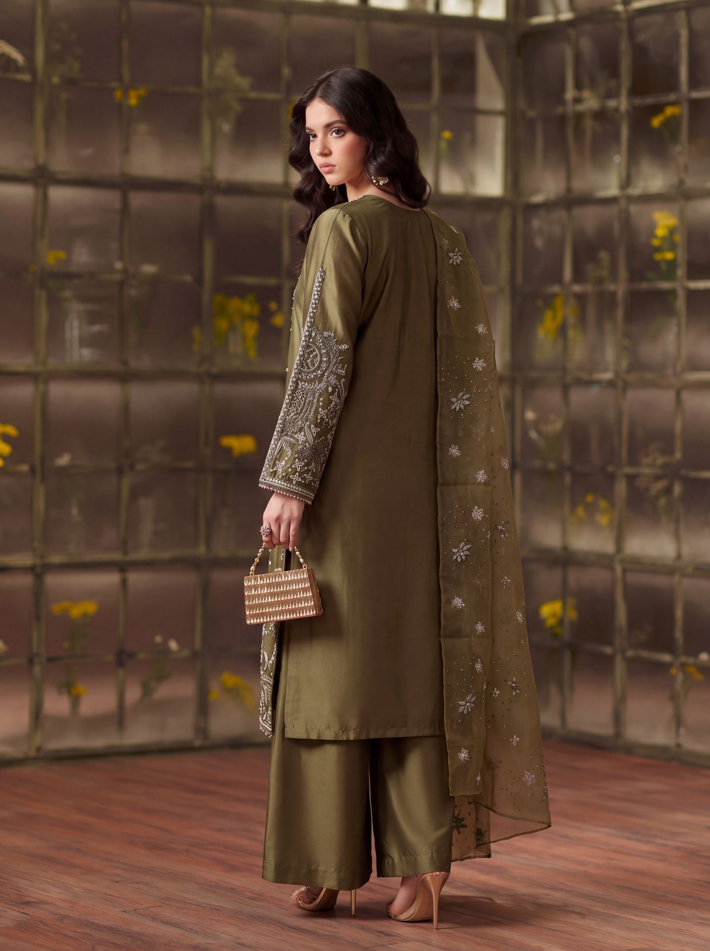 Zeenat Pret Silk Embroidered Stitched 3-Piece Suit - Olive Green