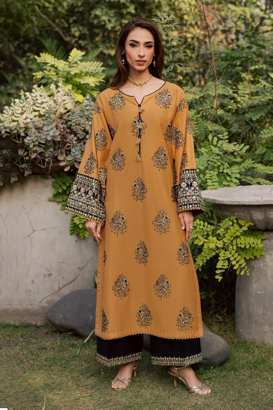 Gulposh by Misbah Embroidered 2-Piece Stitched Khaddar Suit with Black Trousers - Mustard Ochre