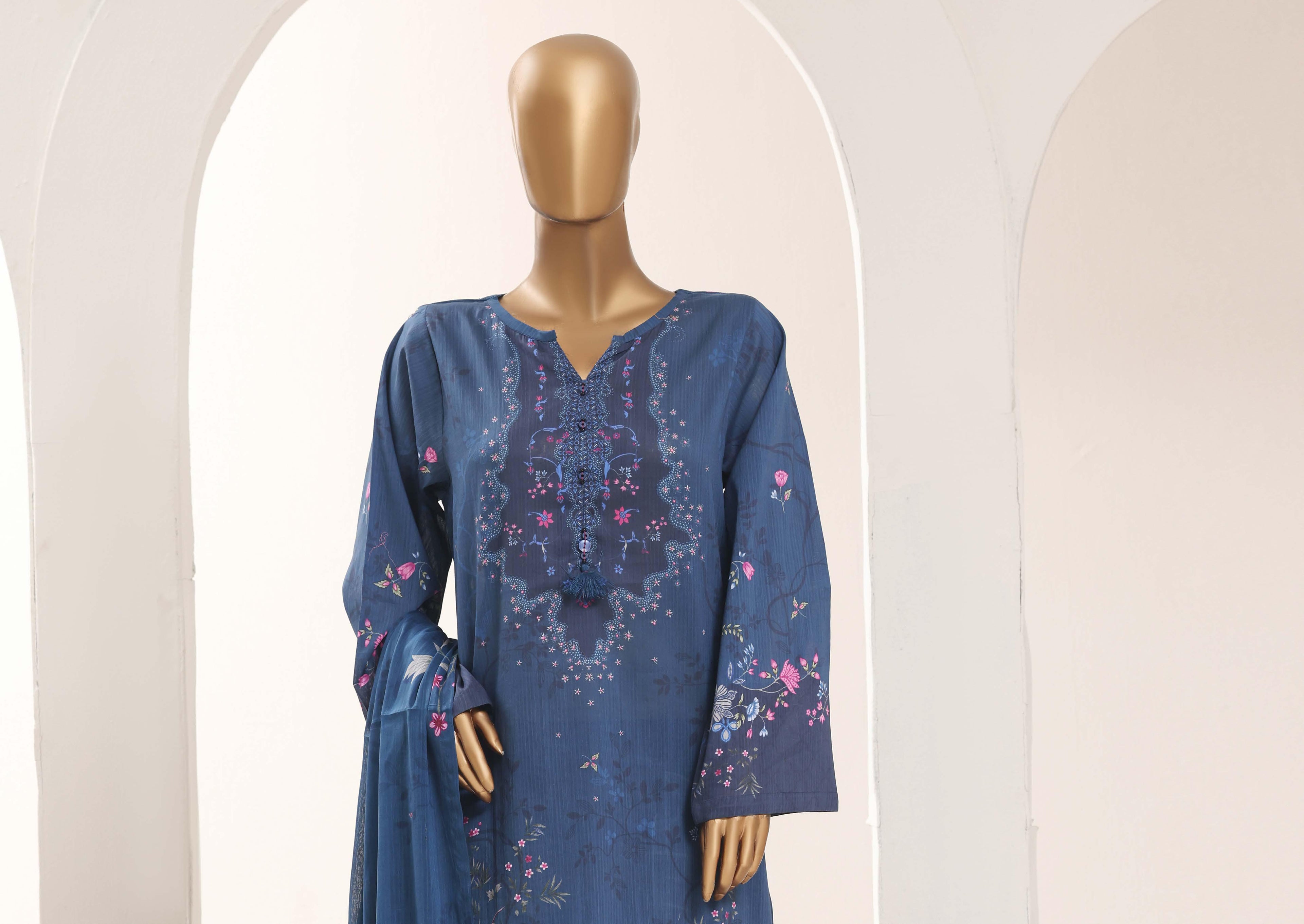 SADABAHAR Printed Lawn 3 Piece Ready-to-Wear Pakistani Suit – Indigo Blue