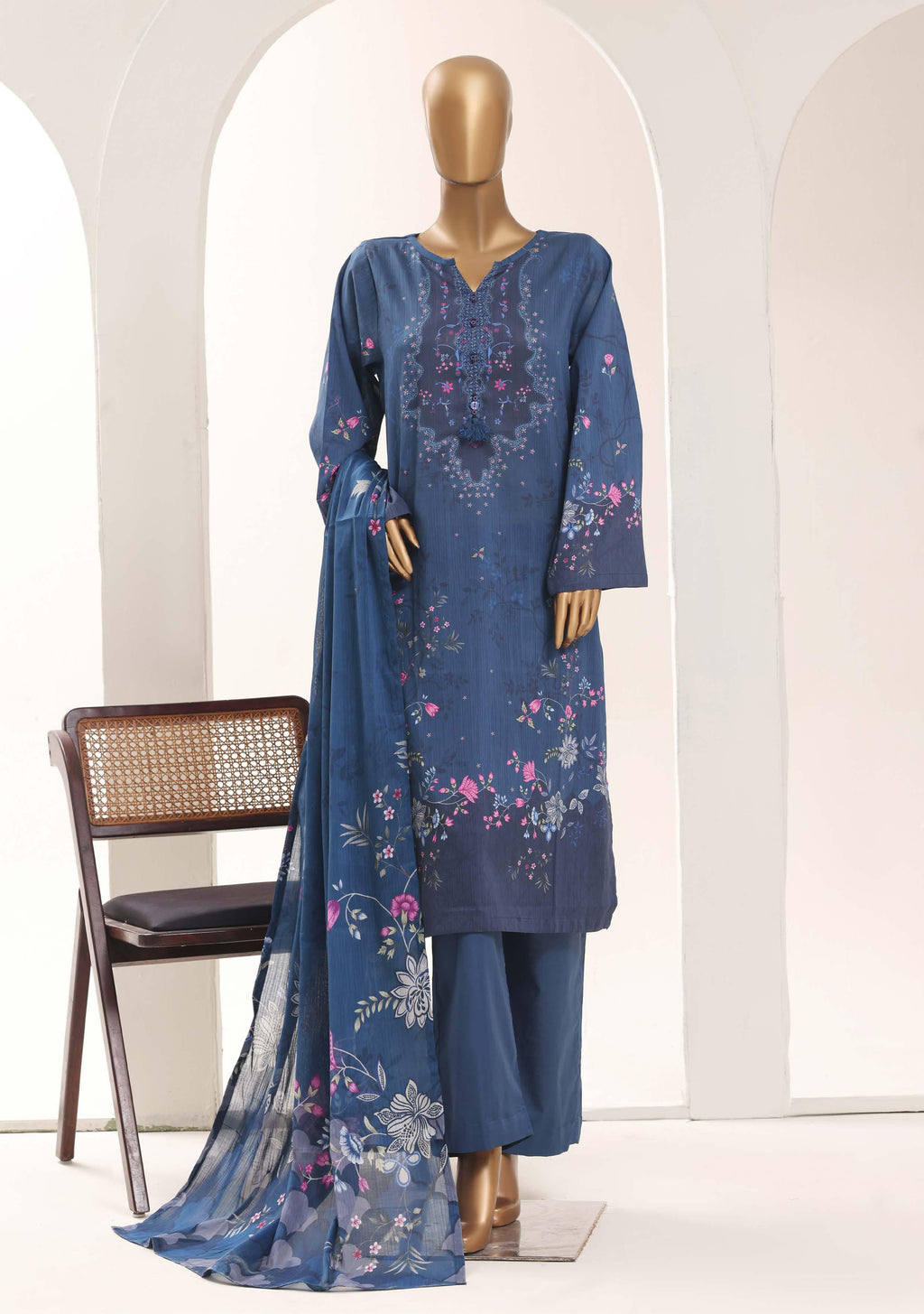 SADABAHAR Printed Lawn 3 Piece Ready-to-Wear Pakistani Suit – Indigo Blue