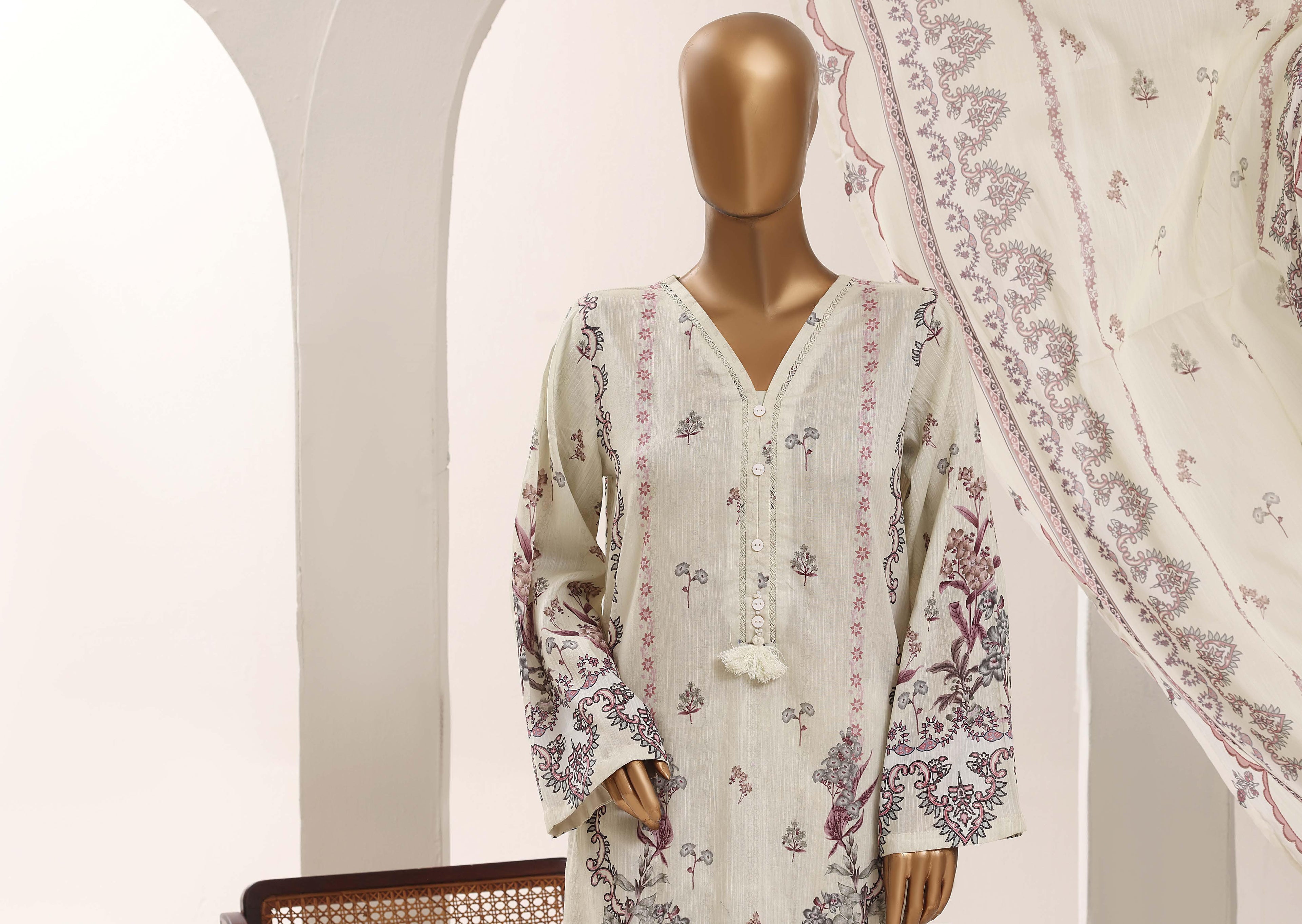 SADABAHAR Printed Lawn 3 Piece Ready-to-Wear Pakistani Suit – Ivory