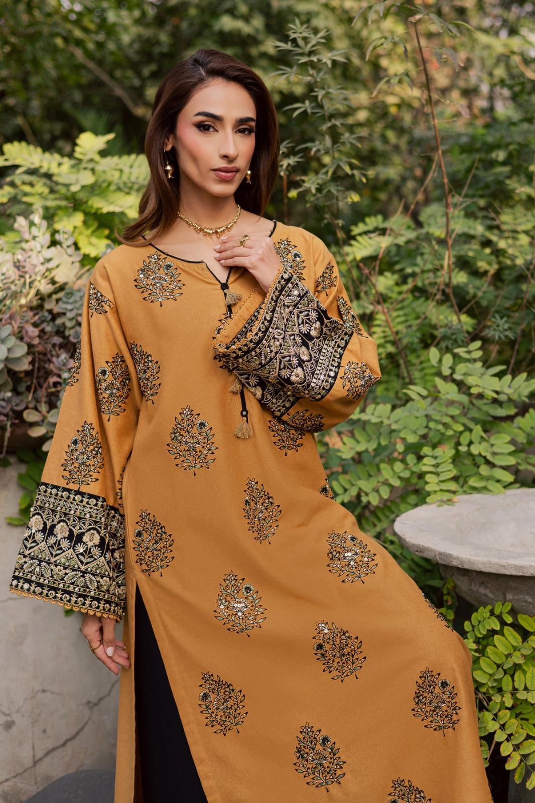 Gulposh by Misbah Embroidered 2-Piece Stitched Khaddar Suit with Black Trousers - Mustard Ochre