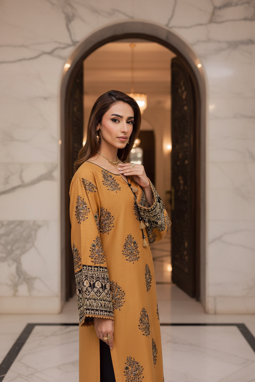 Gulposh by Misbah Embroidered 2-Piece Stitched Khaddar Suit with Black Trousers - Mustard Ochre