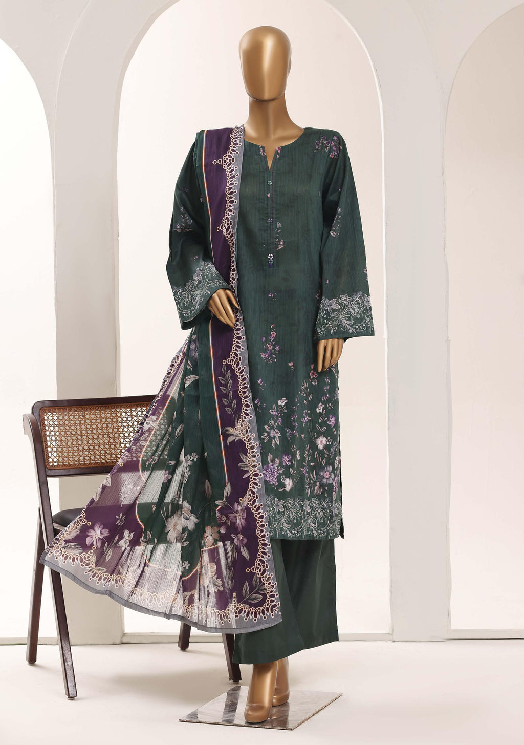 SADABAHAR Printed Lawn 3 Piece Ready-to-Wear Pakistani Suit – Pine Green