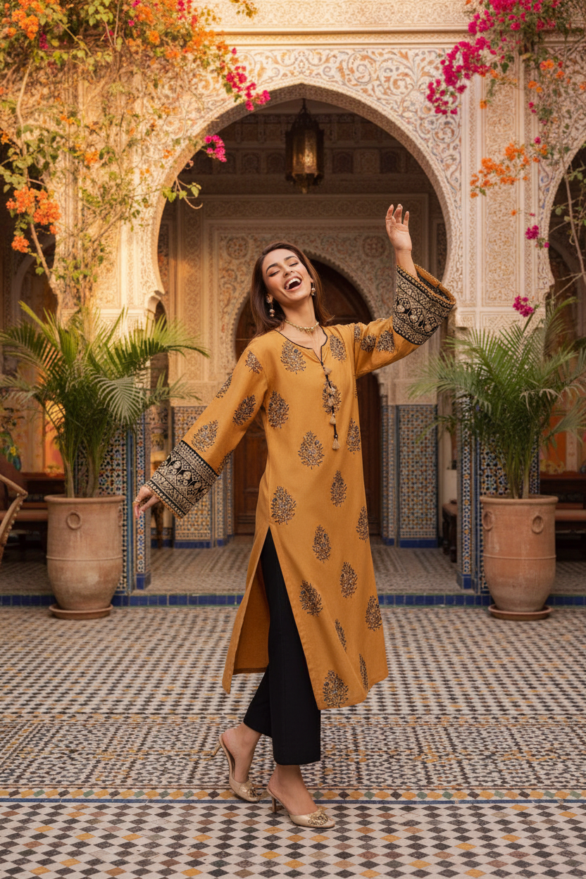 Gulposh by Misbah Embroidered 2-Piece Stitched Khaddar Suit with Black Trousers - Mustard Ochre