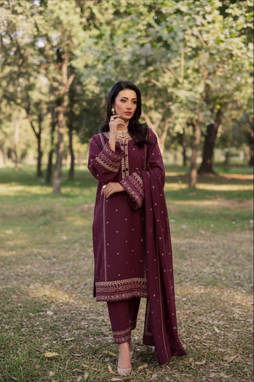 Gulposh by Misbah Embroidered 2-Piece Stitched Khaddar Suit - Deep Mauve