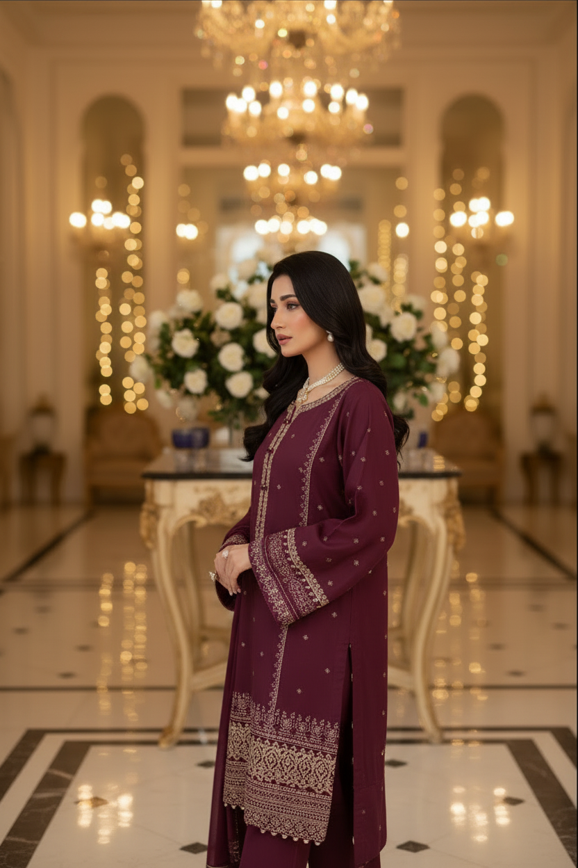 Gulposh by Misbah Embroidered 2-Piece Stitched Khaddar Suit - Deep Mauve