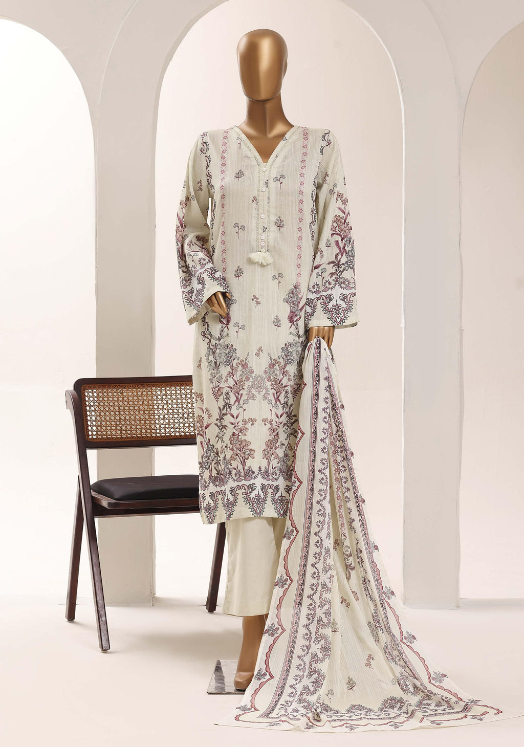 SADABAHAR Printed Lawn 3 Piece Ready-to-Wear Pakistani Suit – Ivory