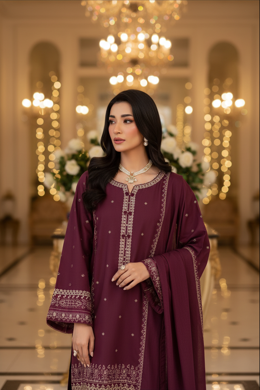 Gulposh by Misbah Embroidered 2-Piece Stitched Khaddar Suit - Deep Mauve