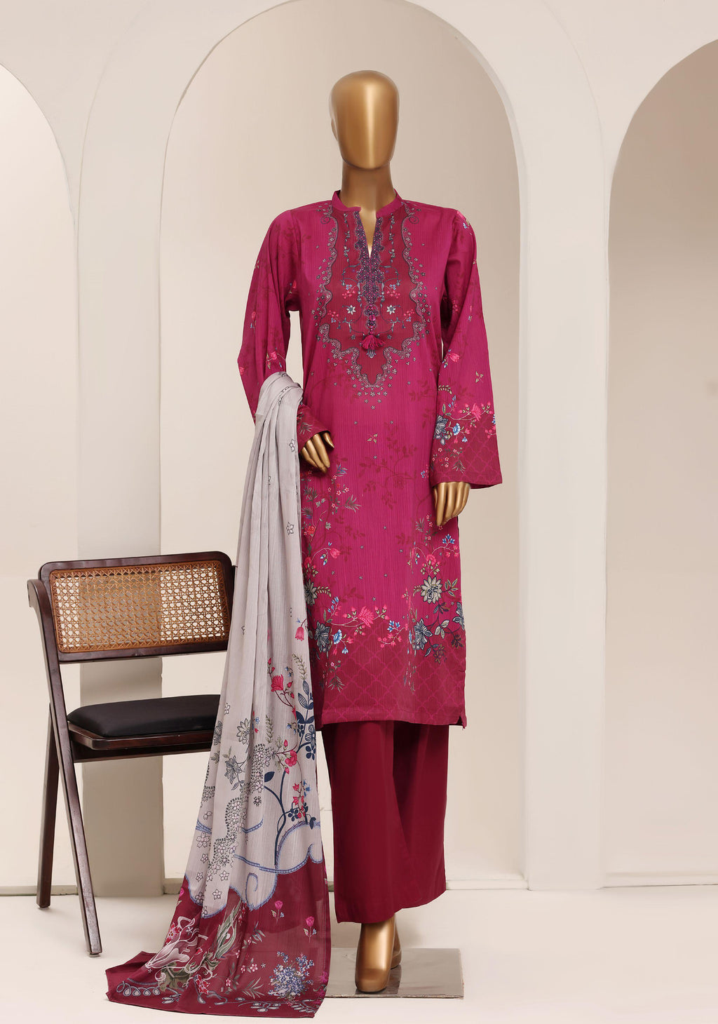 Sadabahar Printed Pret 3-Piece Stitched Lawn Suit with Ice Grey Dupatta - Magenta Berry