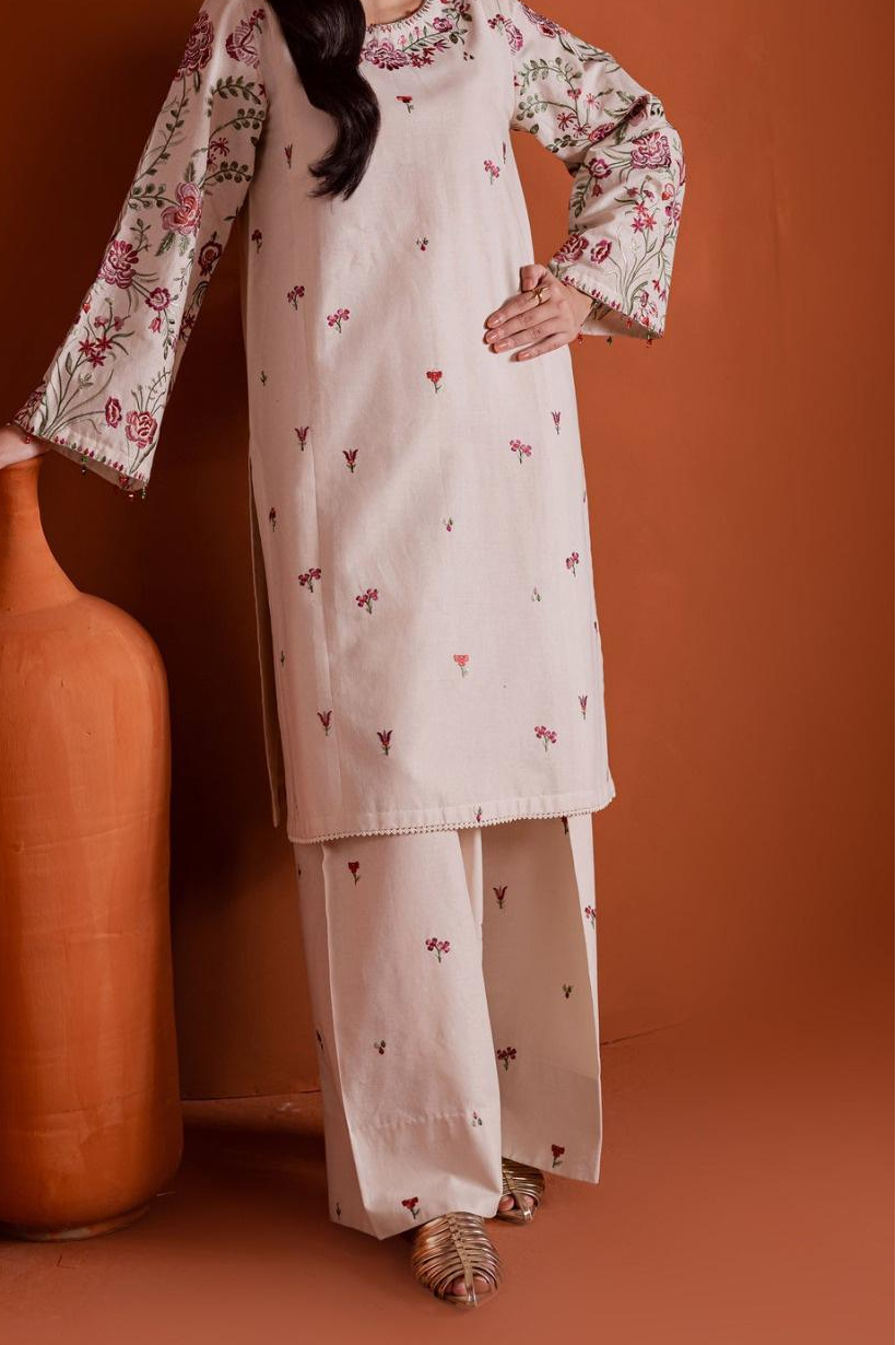Gulposh by Misbah Embroidered 2-Piece Stitched Suit with Wide-Leg Pants - Ivory Cream