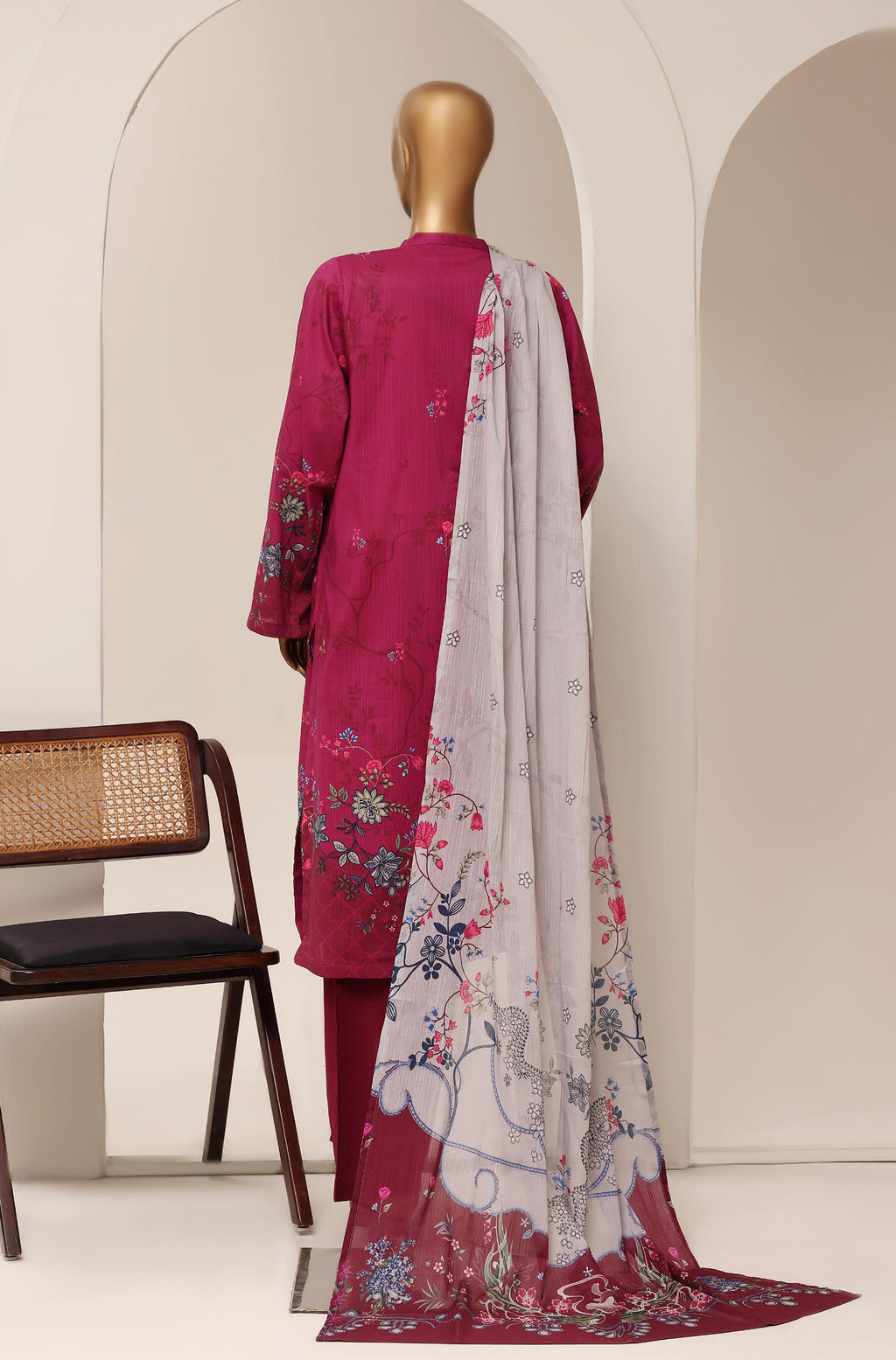 Sadabahar Printed Pret 3-Piece Stitched Lawn Suit with Ice Grey Dupatta - Magenta Berry