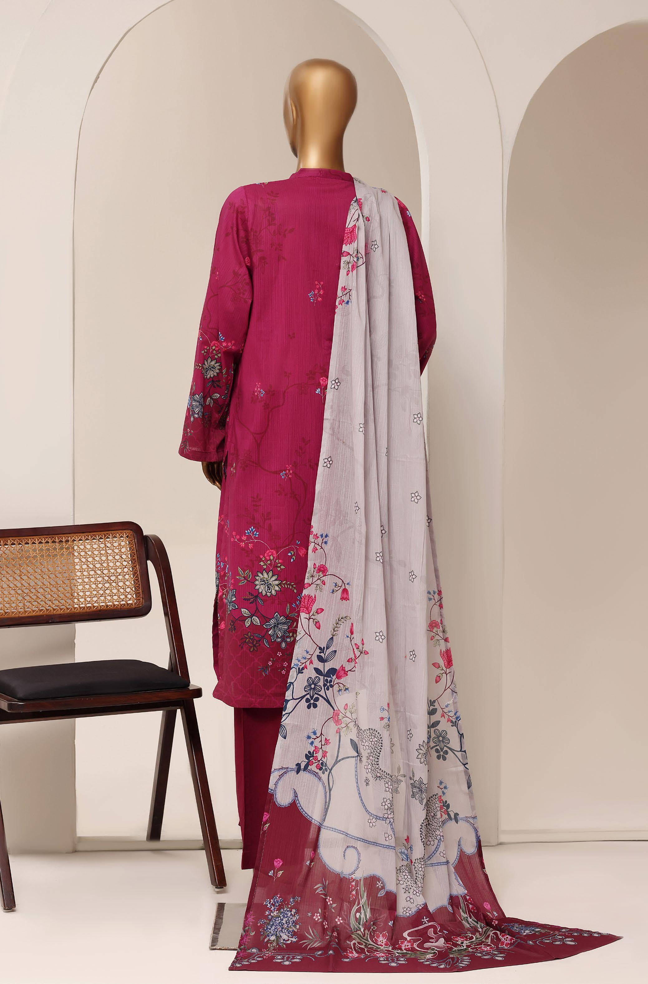 Sadabahar Printed Pret 3-Piece Stitched Lawn Suit with Ice Grey Dupatta - Magenta Berry
