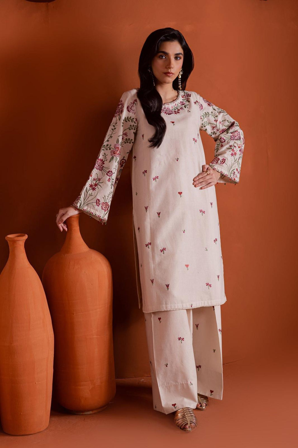 Gulposh by Misbah Embroidered 2-Piece Stitched Suit with Wide-Leg Pants - Ivory Cream