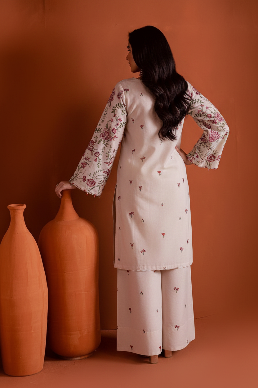 Gulposh by Misbah Embroidered 2-Piece Stitched Suit with Wide-Leg Pants - Ivory Cream