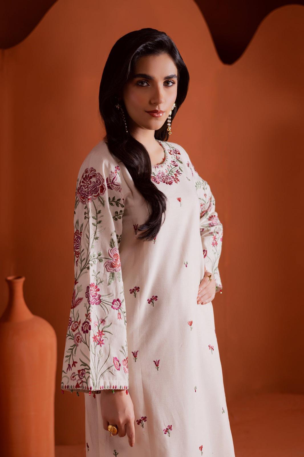 Gulposh by Misbah Embroidered 2-Piece Stitched Suit with Wide-Leg Pants - Ivory Cream