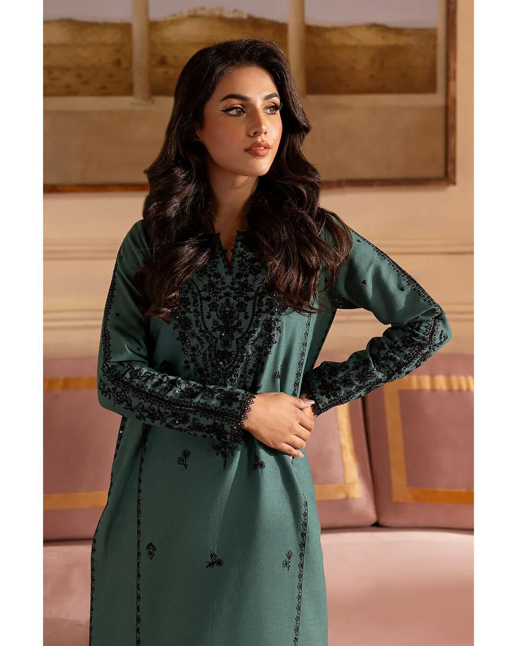 Gulposh by Misbah Tonal Embroidered 2-Piece Stitched Suit - Pine Green