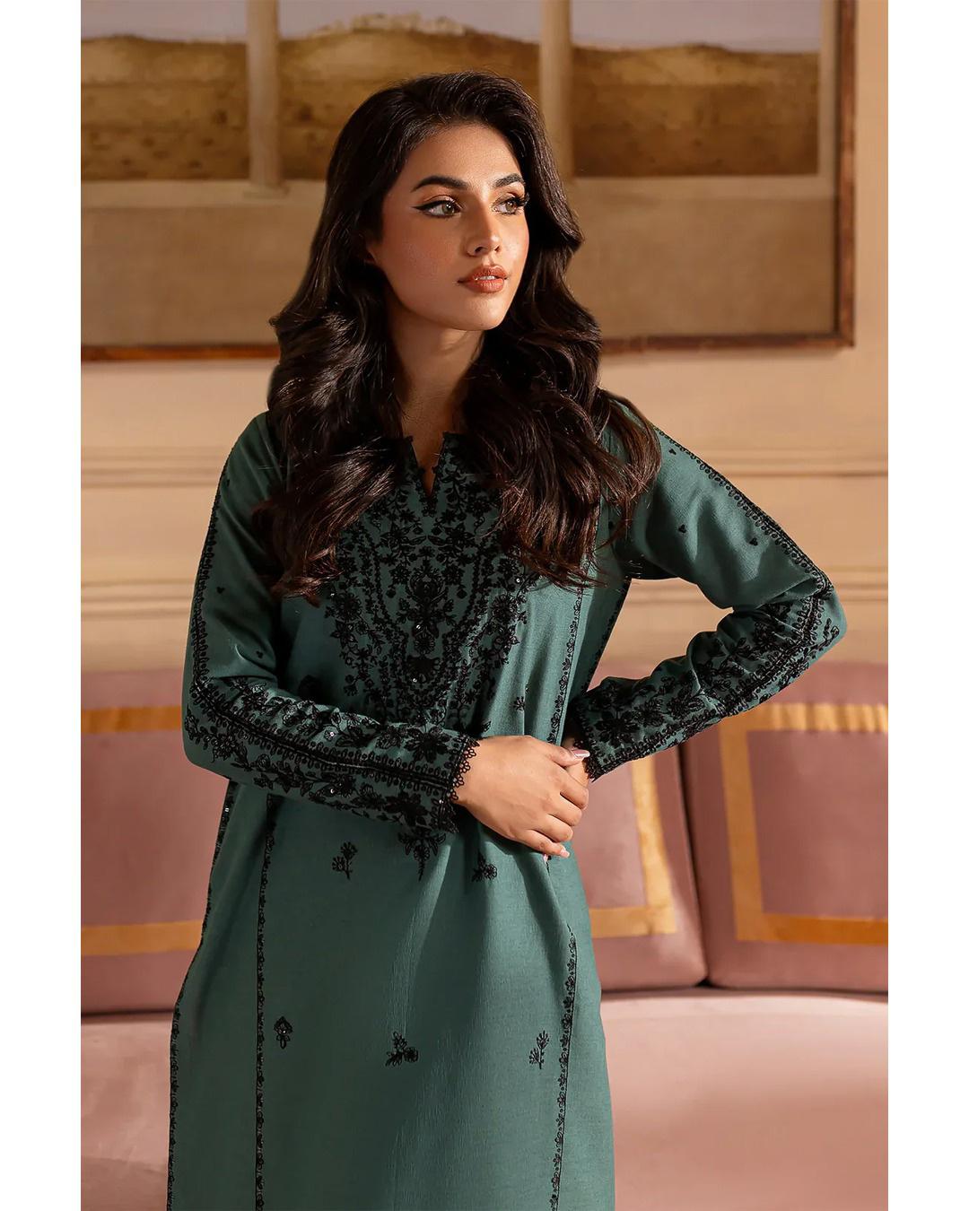 Gulposh by Misbah Tonal Embroidered 2-Piece Stitched Suit - Pine Green