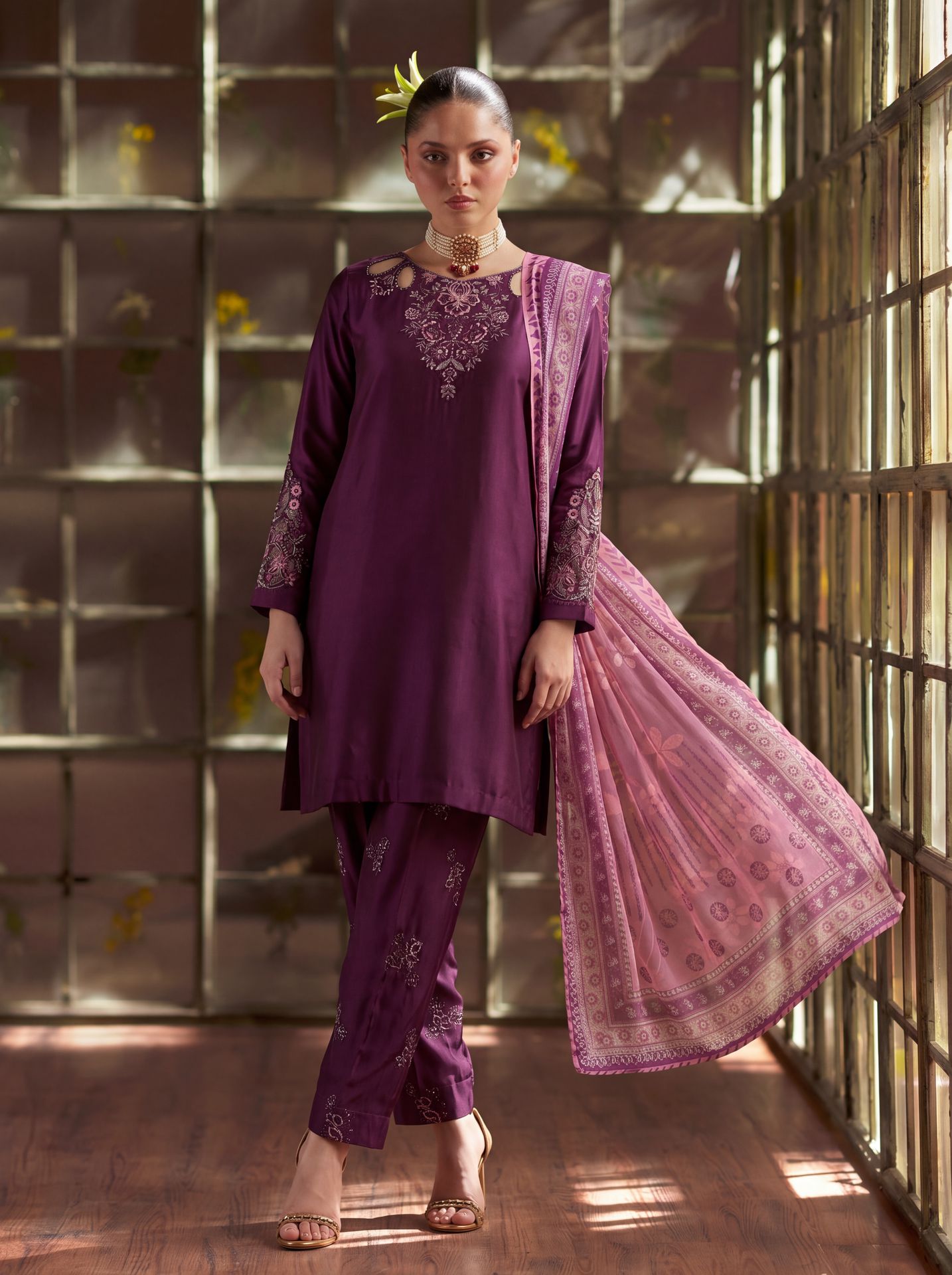Zeenat Pret Silk Embroidered Stitched 3-Piece Suit - Purple