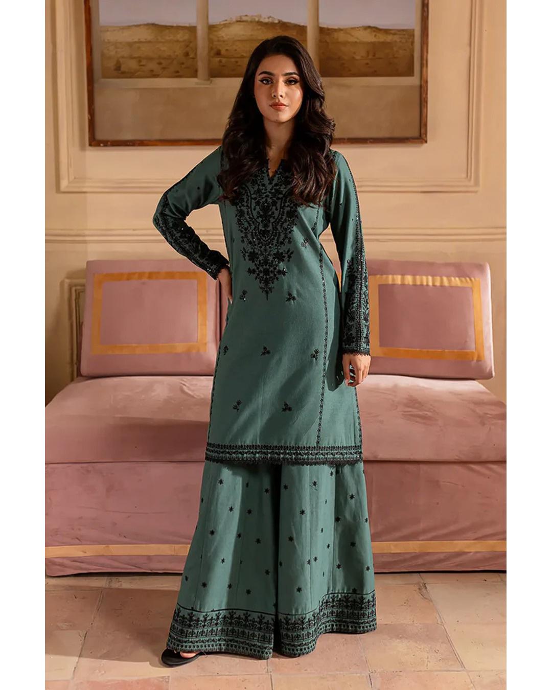Gulposh by Misbah Tonal Embroidered 2-Piece Stitched Suit - Pine Green
