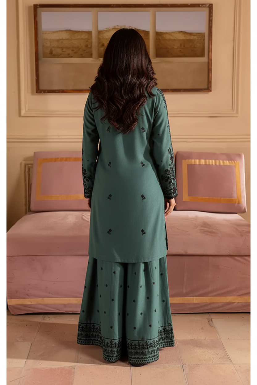 Gulposh by Misbah Tonal Embroidered 2-Piece Stitched Suit - Pine Green