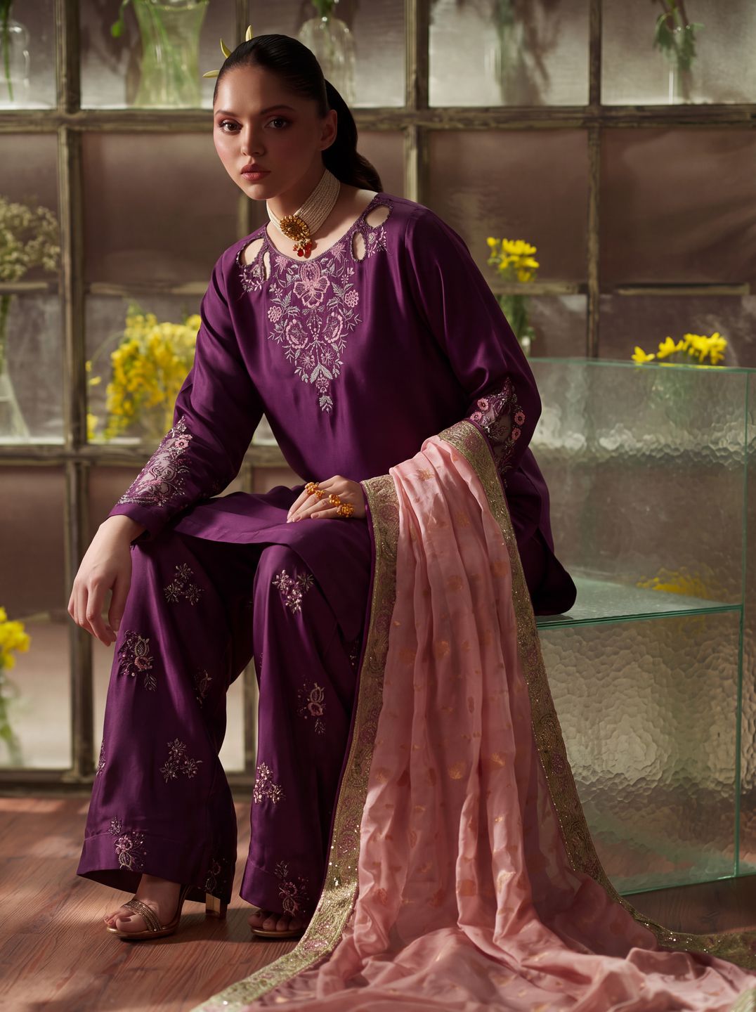 Zeenat Pret Silk Embroidered Stitched 3-Piece Suit - Purple