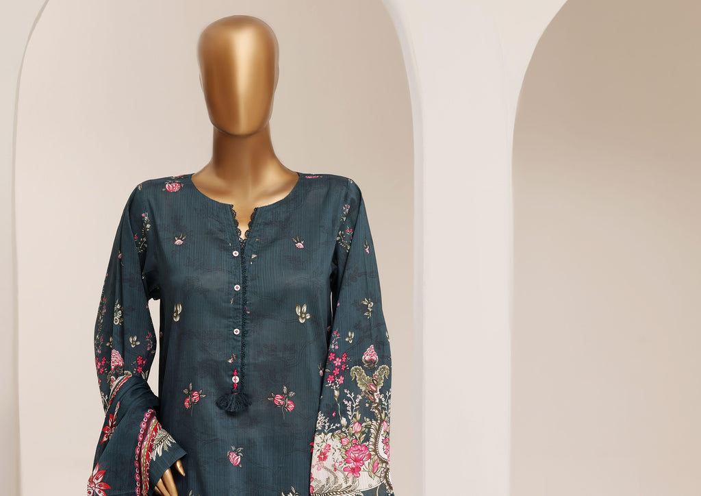 Sadabahar Printed Pret 3-Piece Stitched Lawn Suit with Matching Dupatta - Teal Indigo