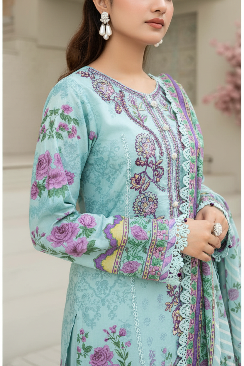 Gul Adhar Aarzoo Embroidered Premium Lawn 3-Piece Suit – Sky Blue & Lavender