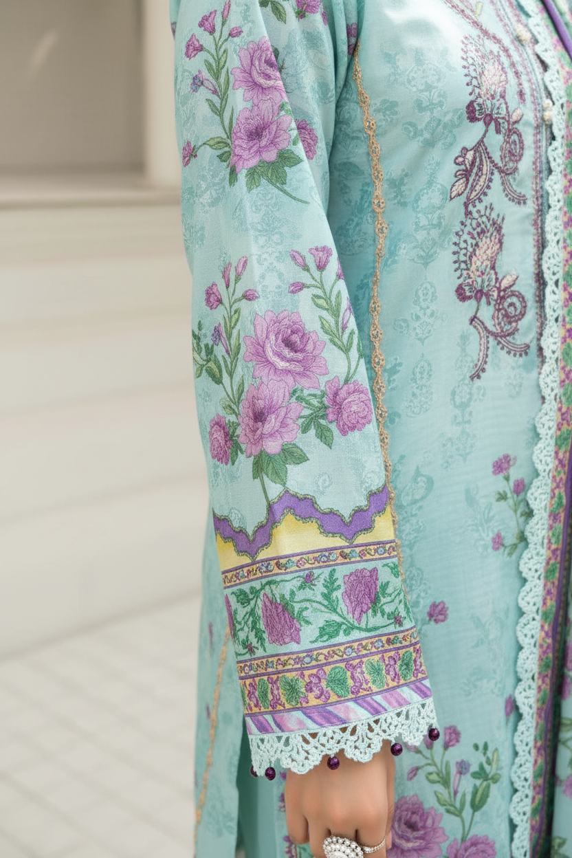 Gul Adhar Aarzoo Embroidered Premium Lawn 3-Piece Suit – Sky Blue & Lavender