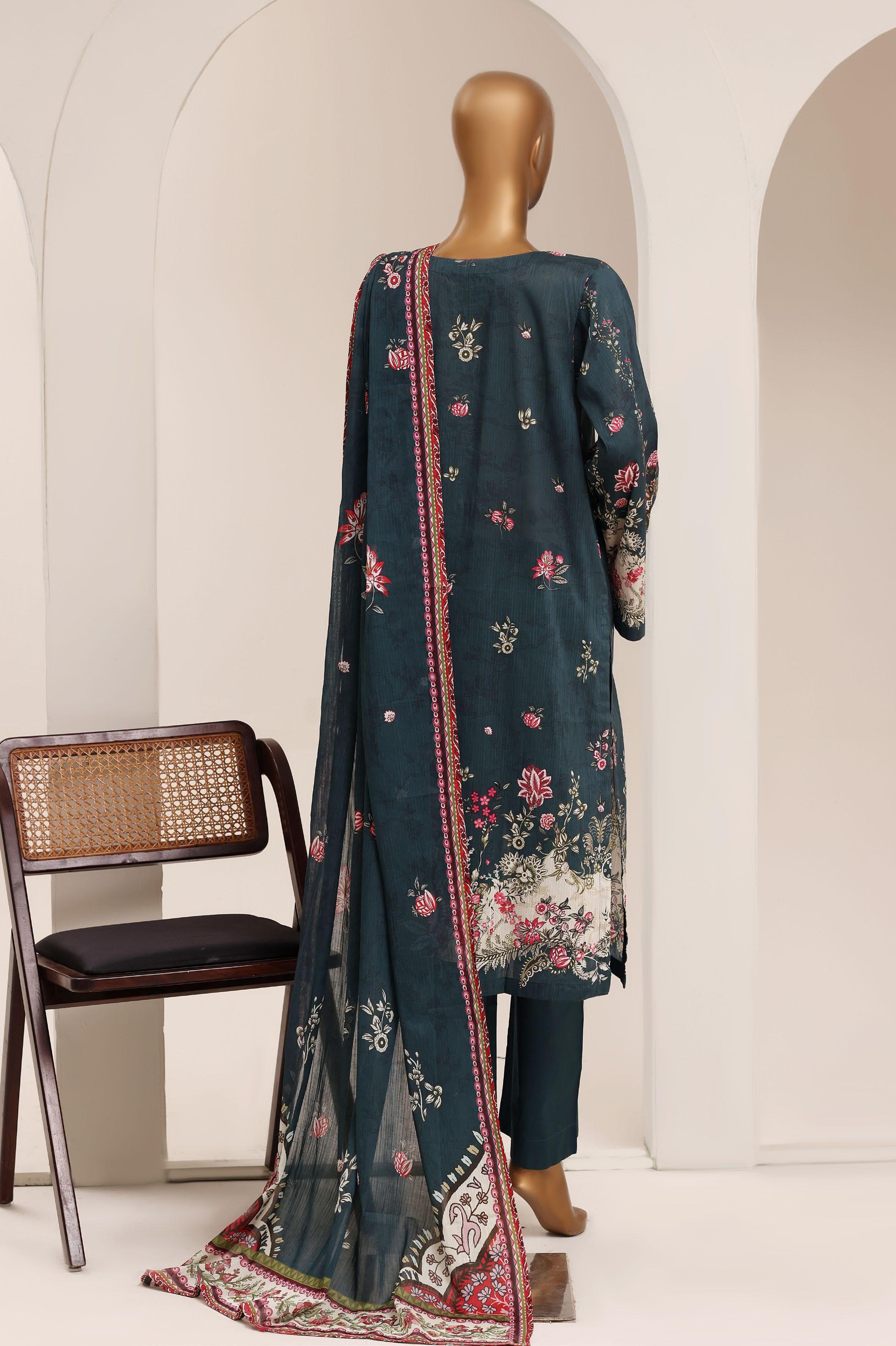 Sadabahar Printed Pret 3-Piece Stitched Lawn Suit with Matching Dupatta - Teal Indigo
