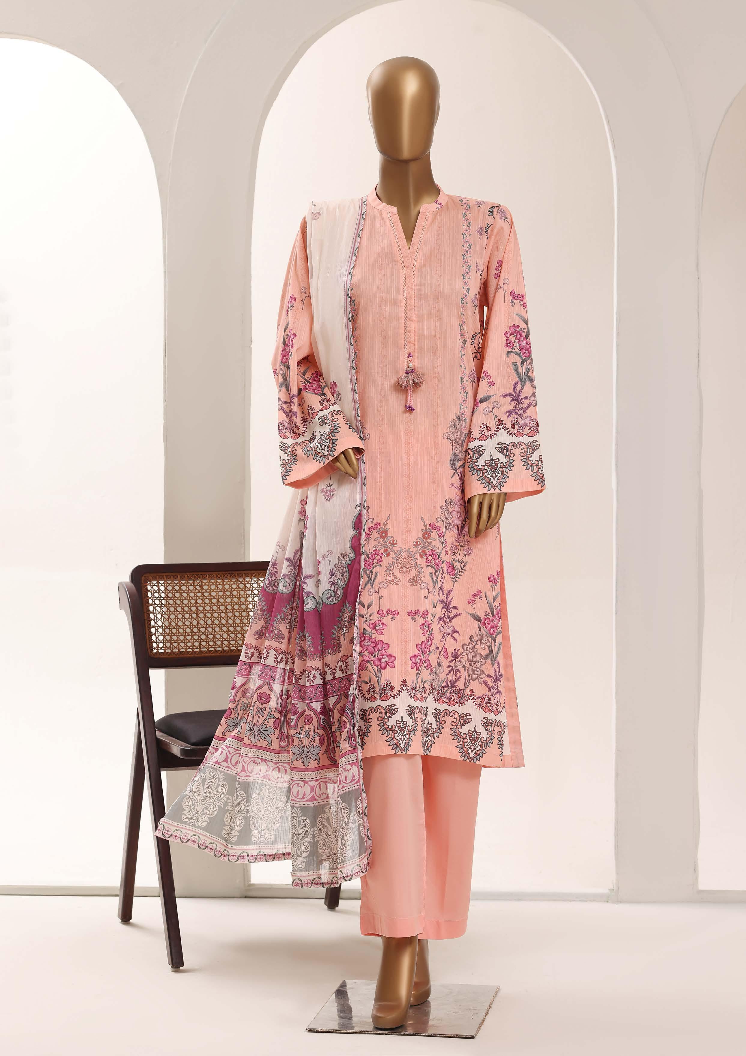 SADABAHAR Printed Lawn 3 Piece Ready-to-Wear Pakistani Suit – Peach