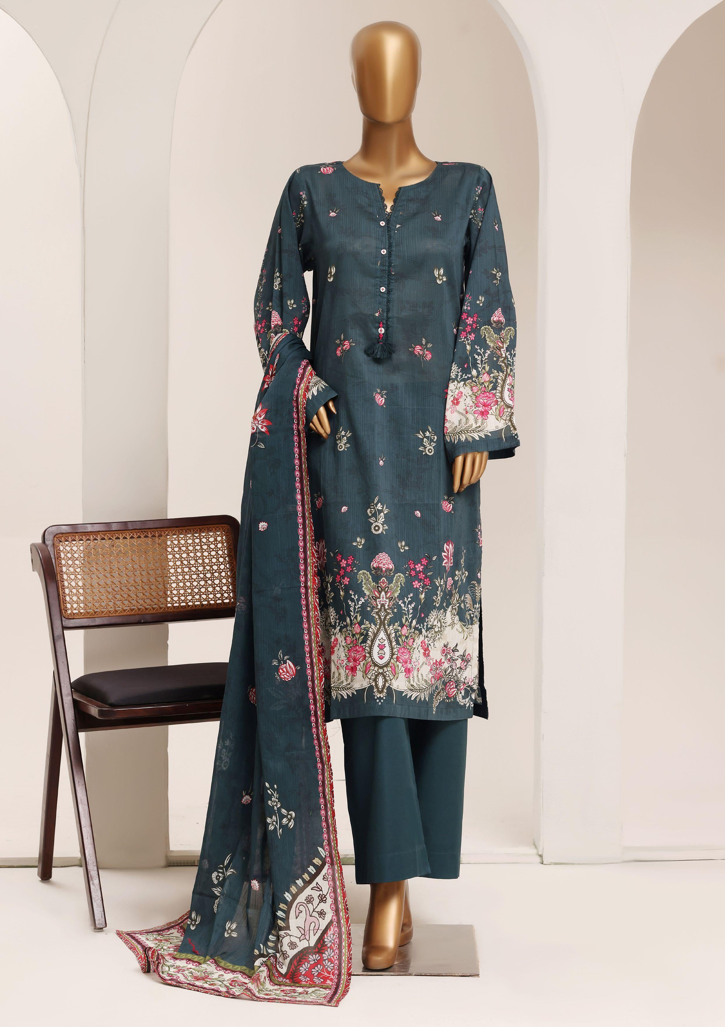 Sadabahar Printed Pret 3-Piece Stitched Lawn Suit with Matching Dupatta - Teal Indigo