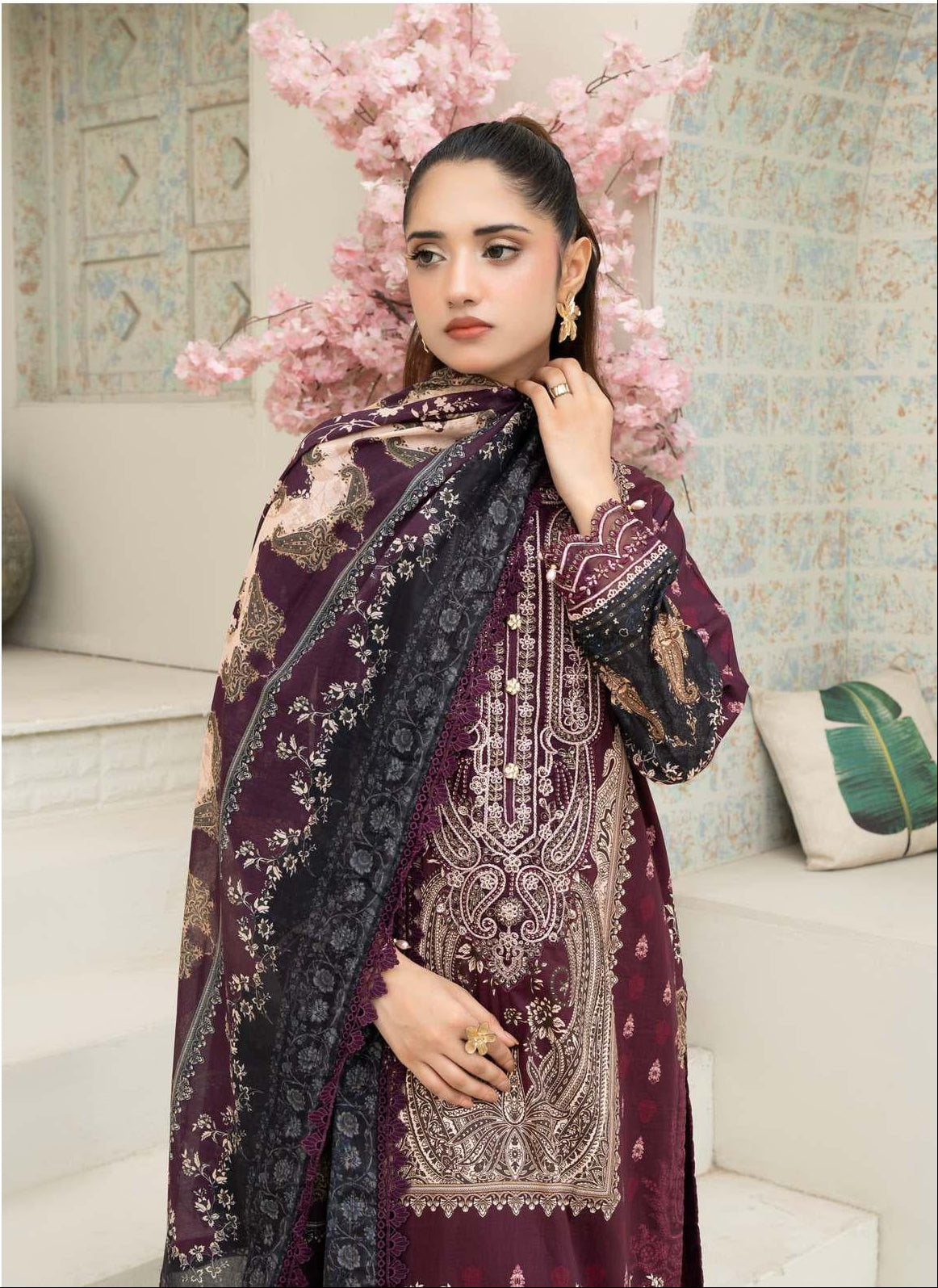 Gul Adhar Aarzoo Embroidered Premium Lawn 3-Piece Suit – Deep Plum & Charcoal