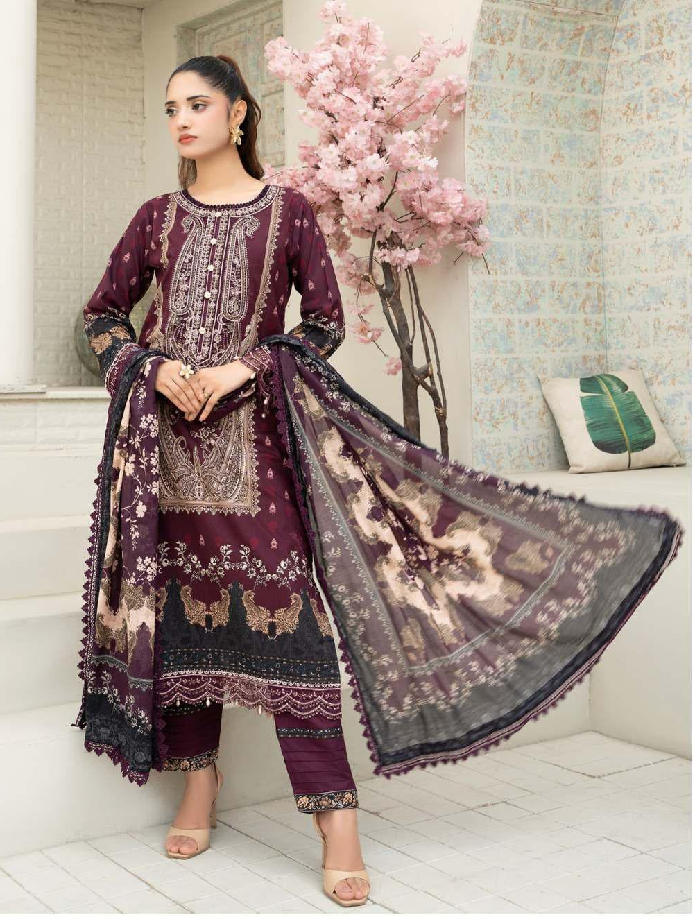 Gul Adhar Aarzoo Embroidered Premium Lawn 3-Piece Suit – Deep Plum & Charcoal