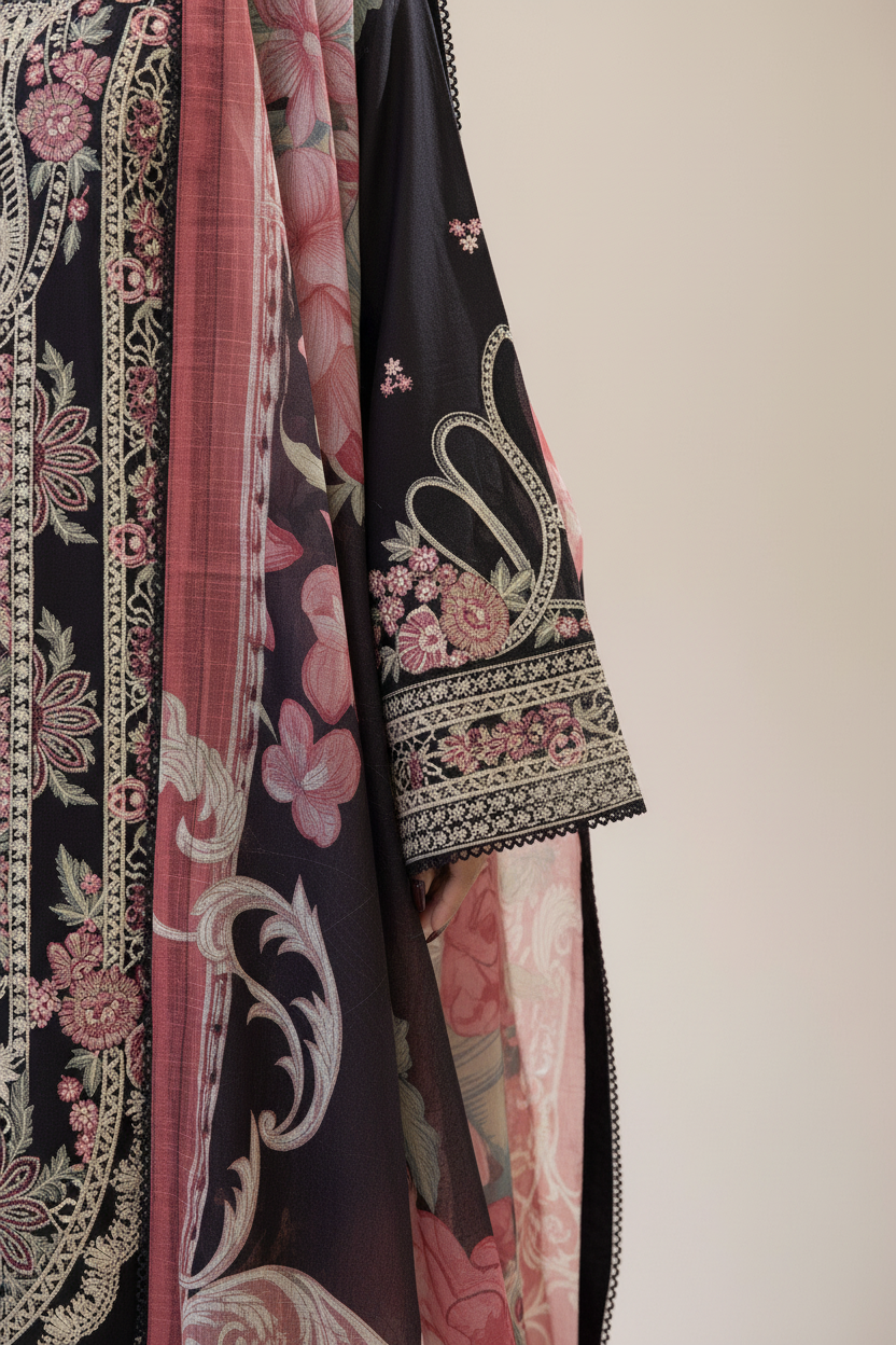 Adan's ALYA Luxury Ready-to-Wear 3 Piece Luxury Lawn Suit  New Launch BLACK