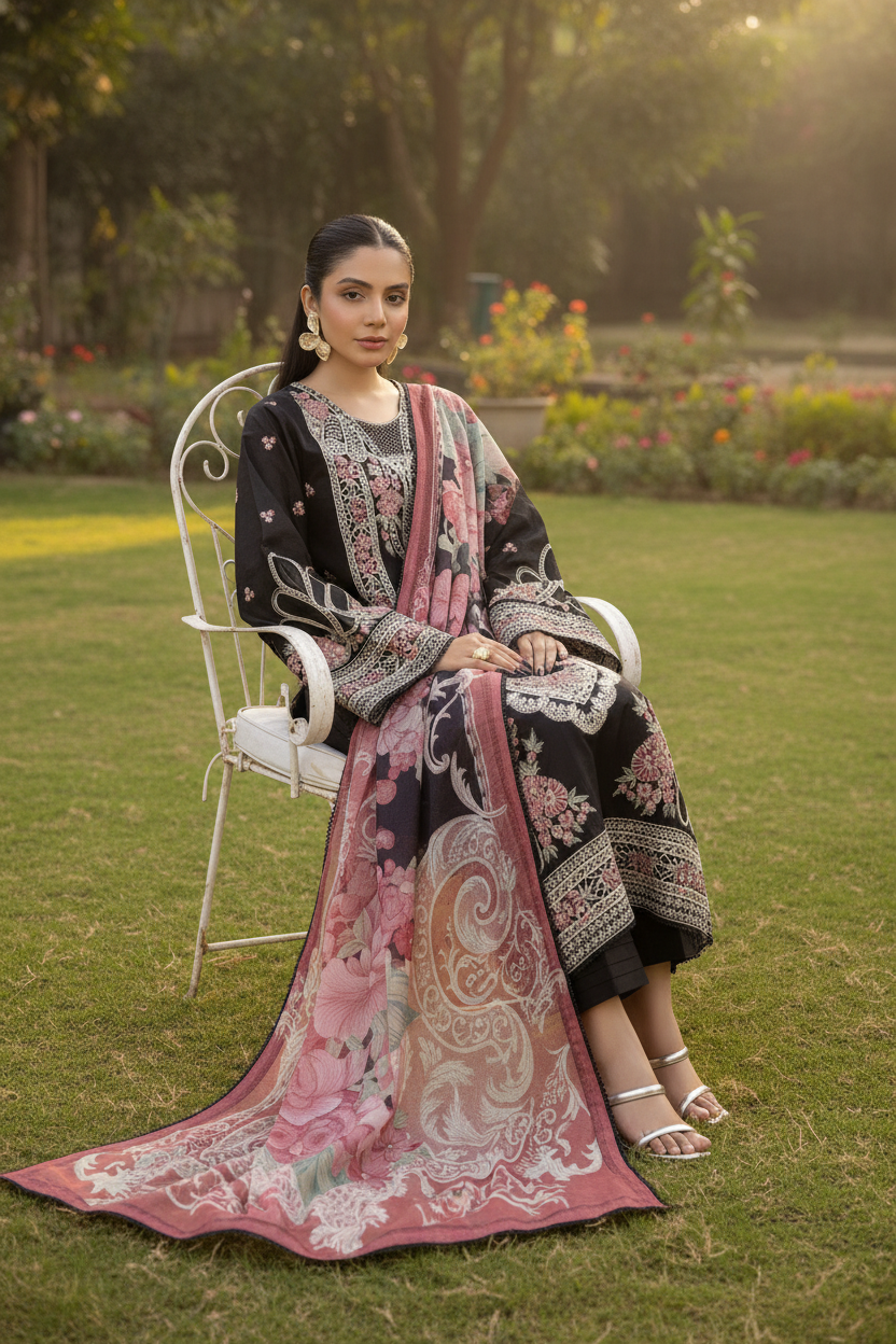 Adan's ALYA Luxury Ready-to-Wear 3 Piece Luxury Lawn Suit  New Launch BLACK