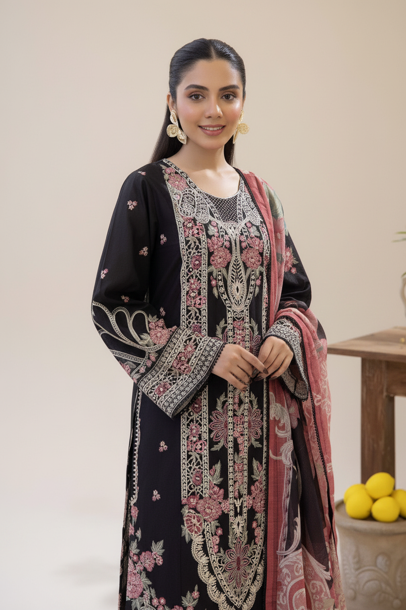 Adan's ALYA Luxury Ready-to-Wear 3 Piece Luxury Lawn Suit  New Launch BLACK