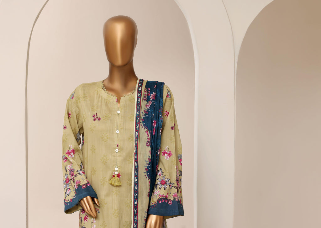 Sadabahar Printed Pret 3-Piece Stitched Lawn Suit with Indigo Dupatta - Olive Khaki