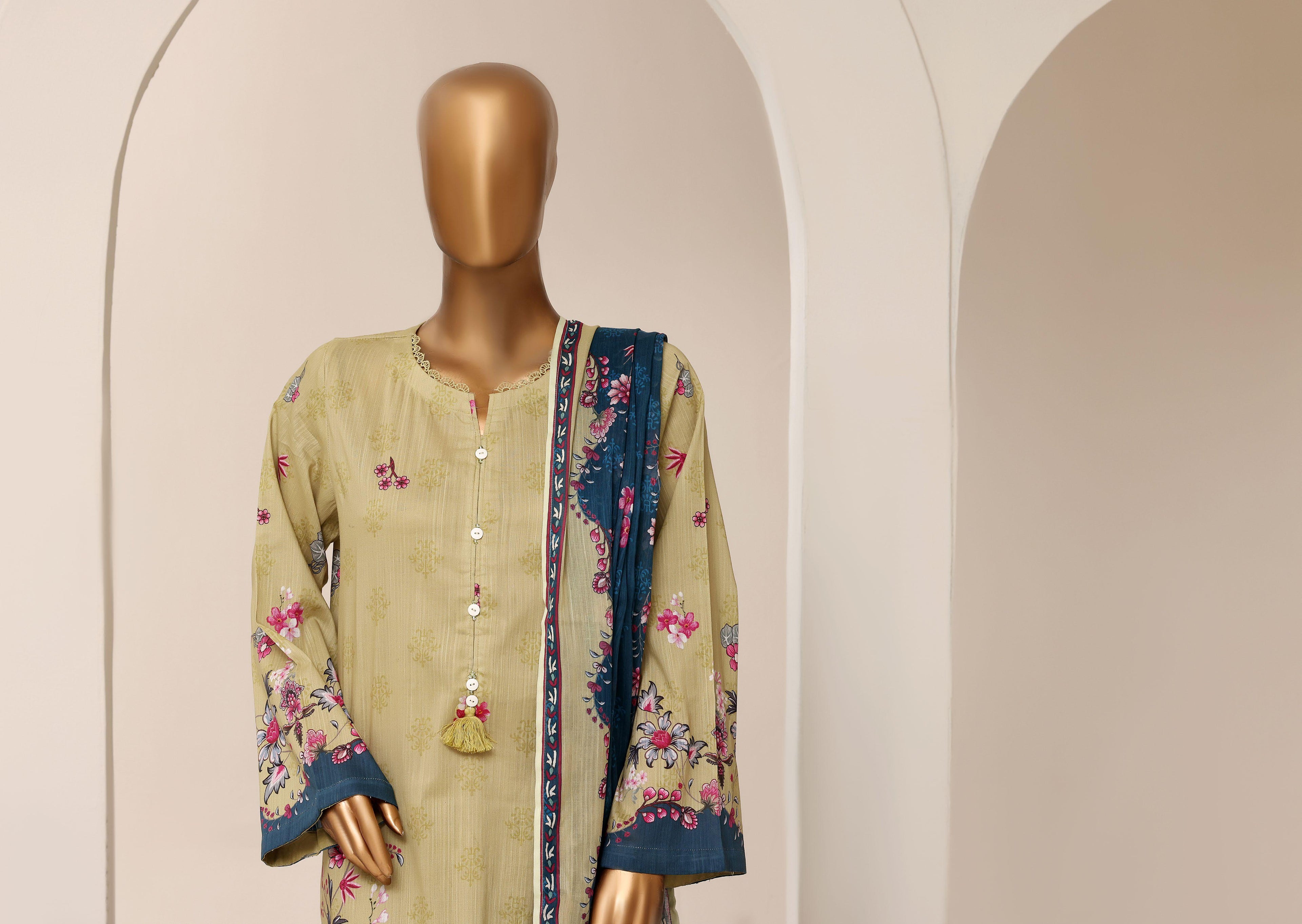 Sadabahar Printed Pret 3-Piece Stitched Lawn Suit with Indigo Dupatta - Olive Khaki