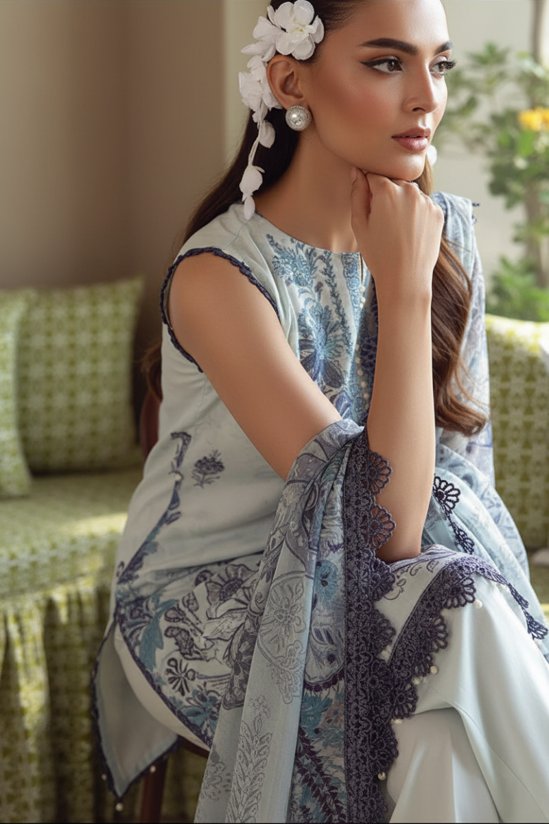 JADE URBANE – Luxury Embroidered Lawn 3-Piece Ready-to-Wear Suit | Ivory Indigo