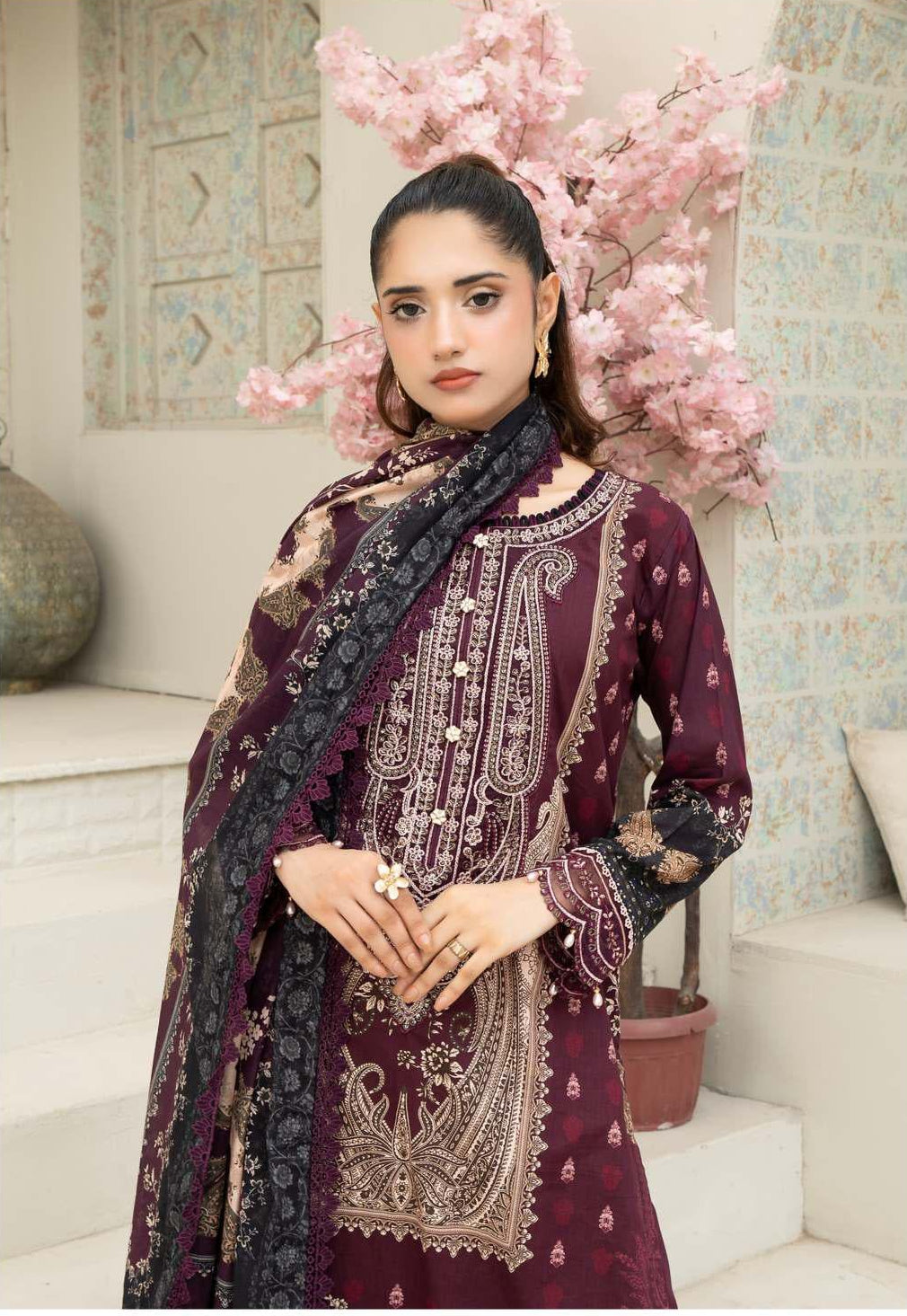Gul Adhar Aarzoo Embroidered Premium Lawn 3-Piece Suit – Deep Plum & Charcoal