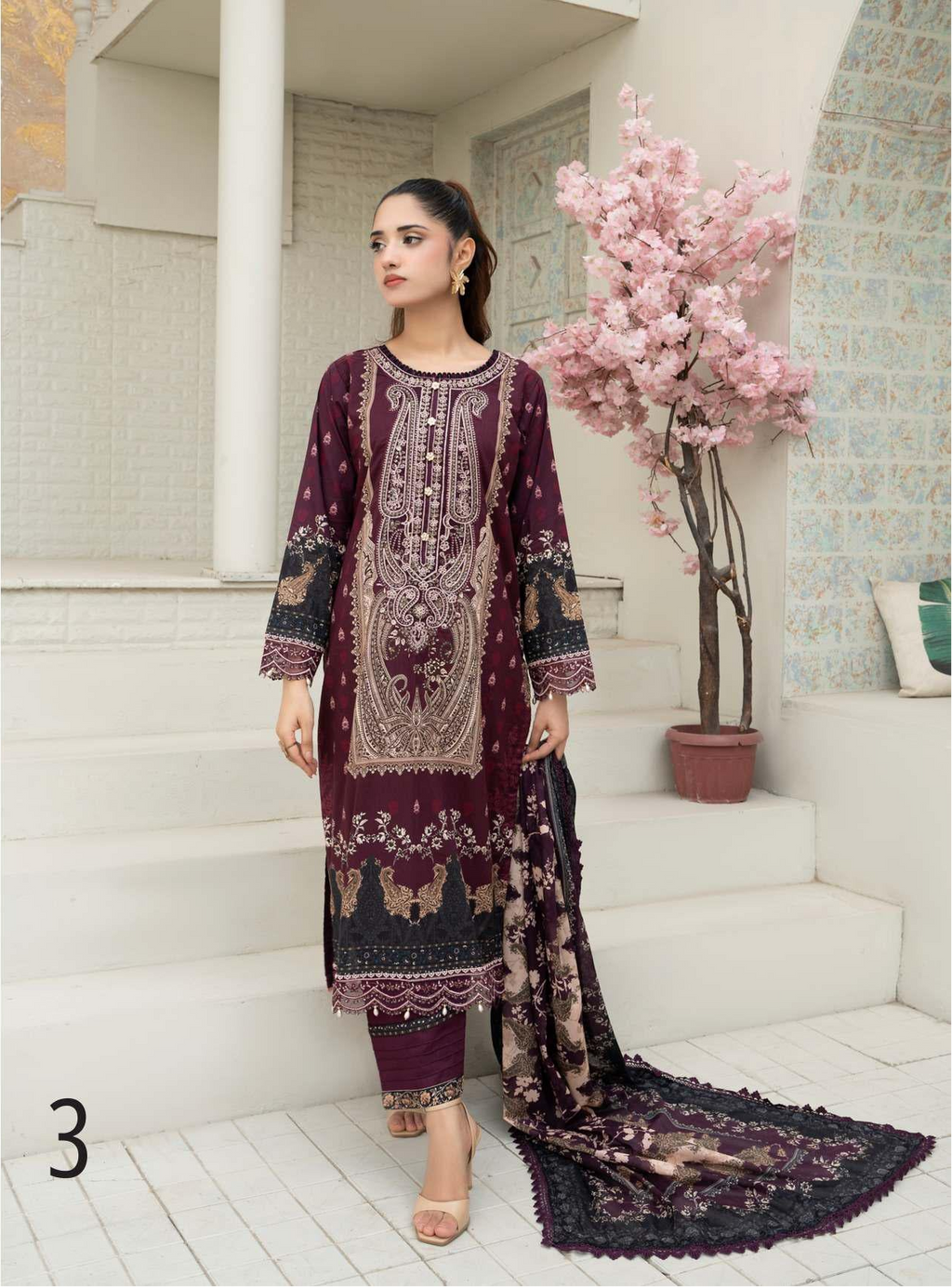 Gul Adhar Aarzoo Embroidered Premium Lawn 3-Piece Suit – Deep Plum & Charcoal